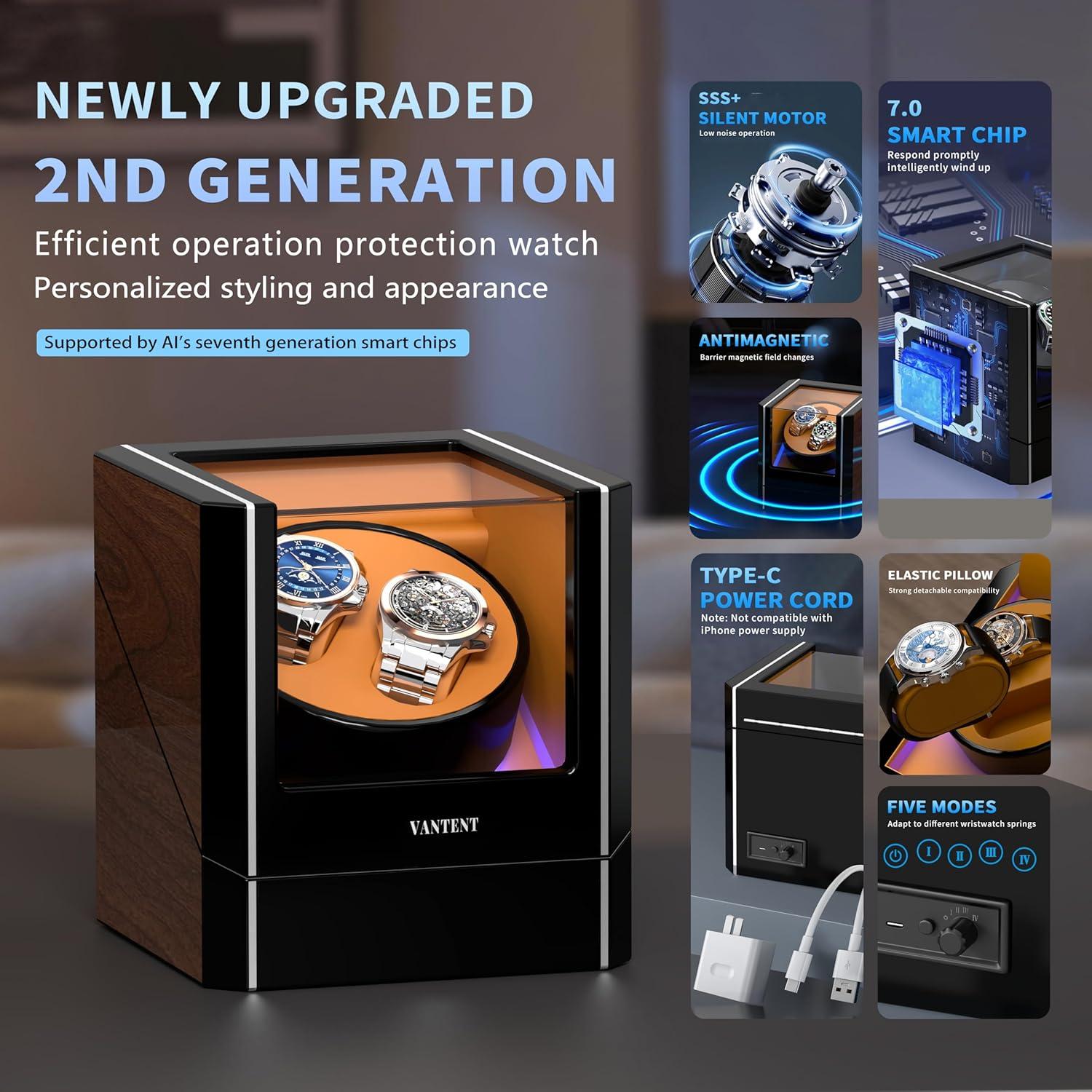 Enrollador de Relojes Automáticos VANTENT LED Marrón 2.0MAX