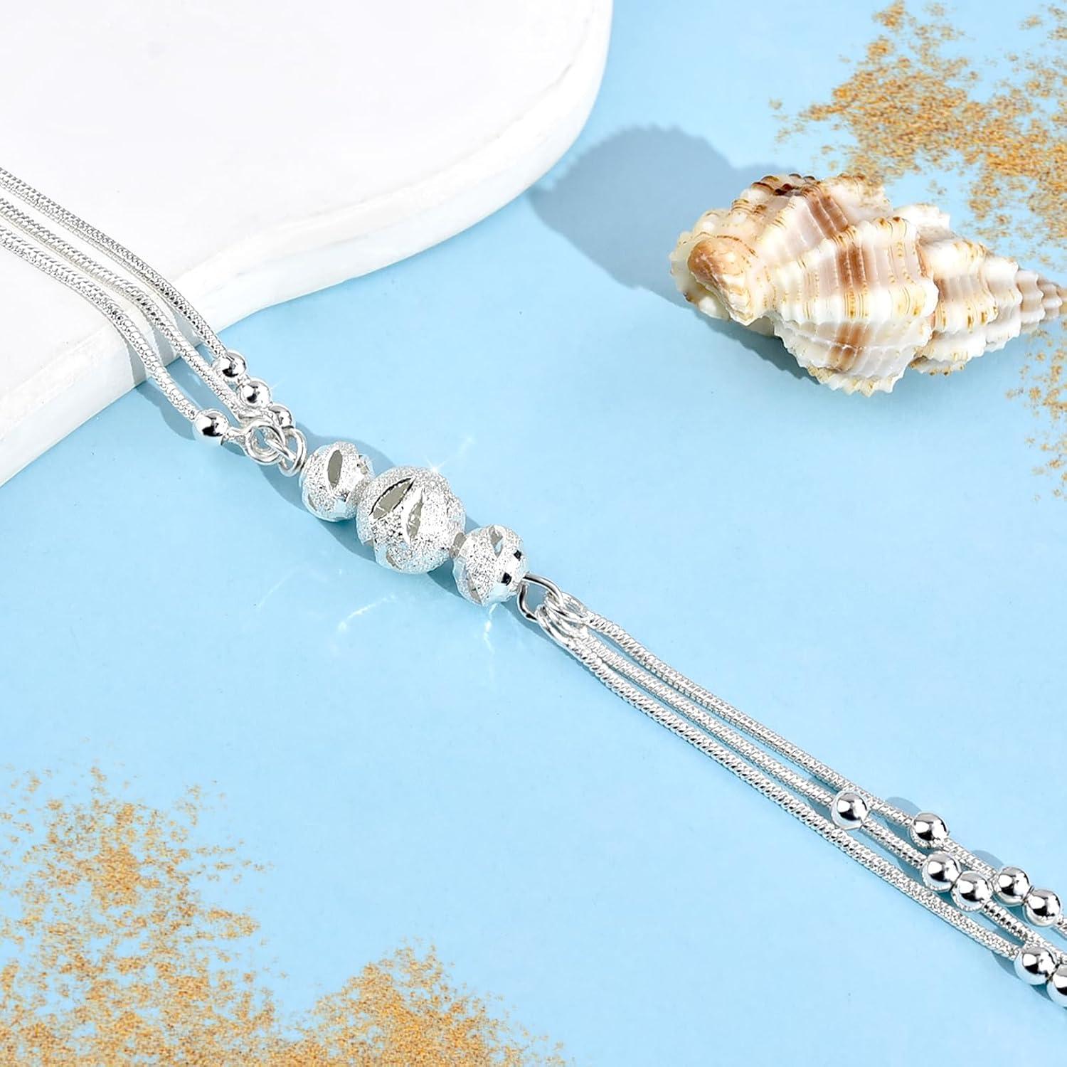 Pulsera de Tobillo de Plata Esterlina 925 con Perlas y Estrellas