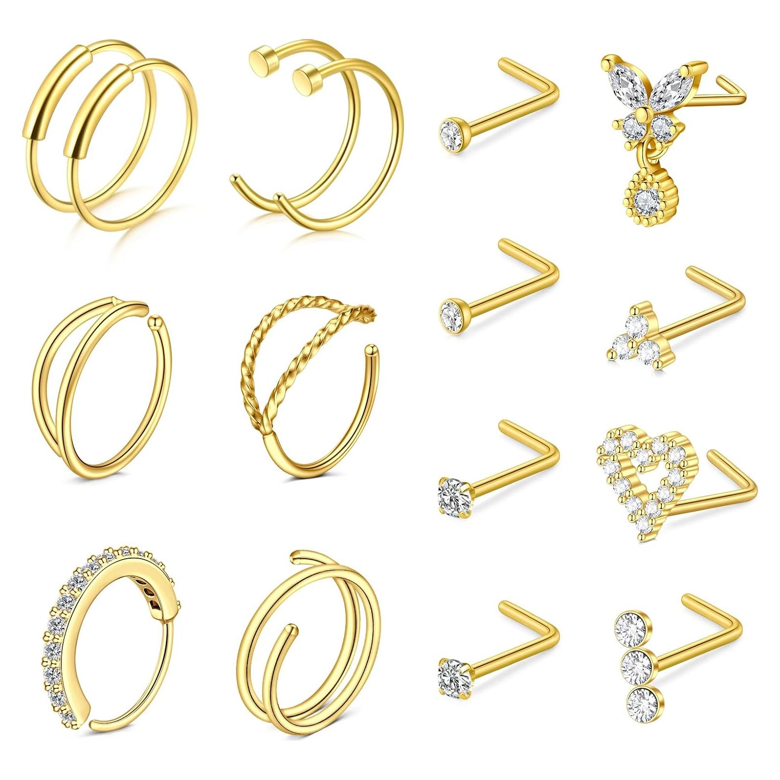 Aros Nasales 20G JFORYOU Acero Quirúrgico 16 Pcs Dorado