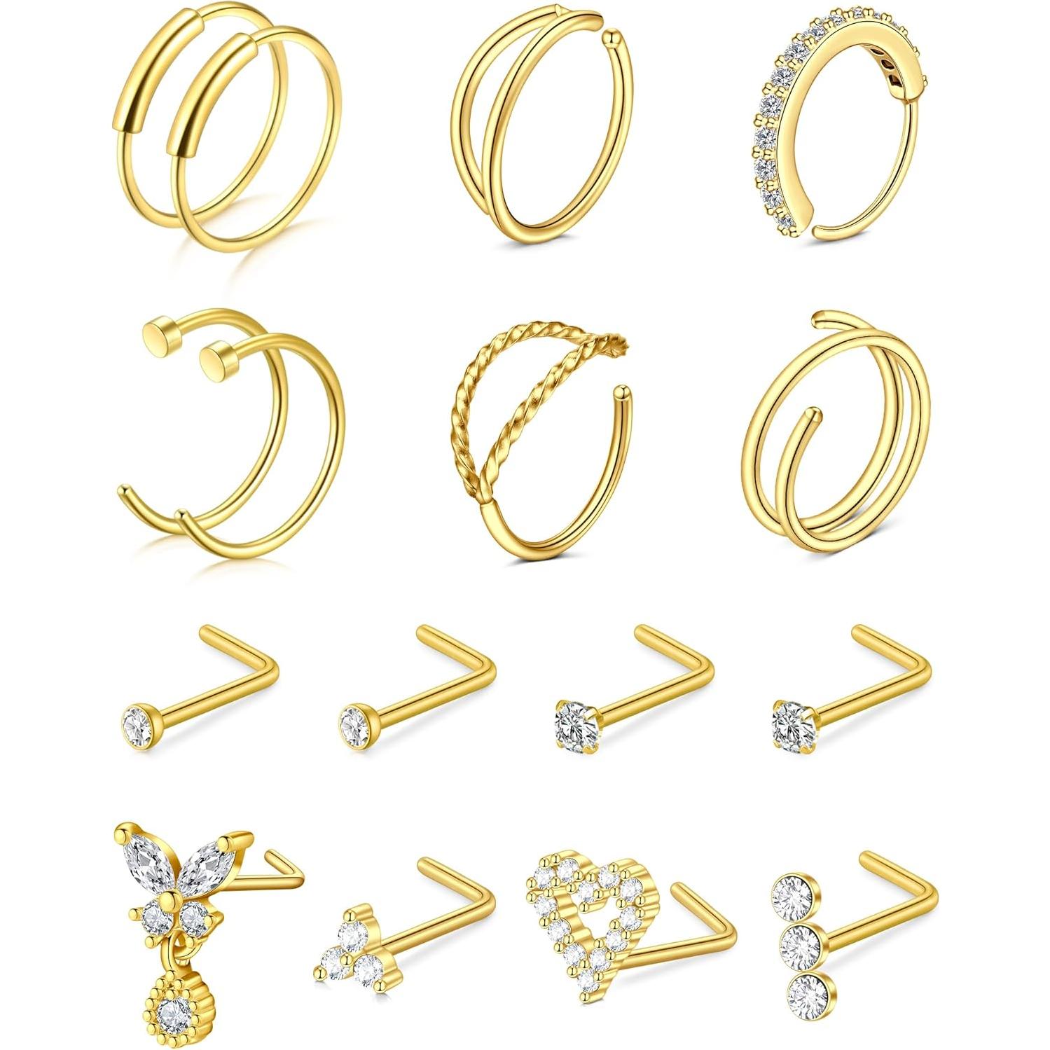 Aros Nasales 20G JFORYOU Acero Quirúrgico 16 Pcs Dorado