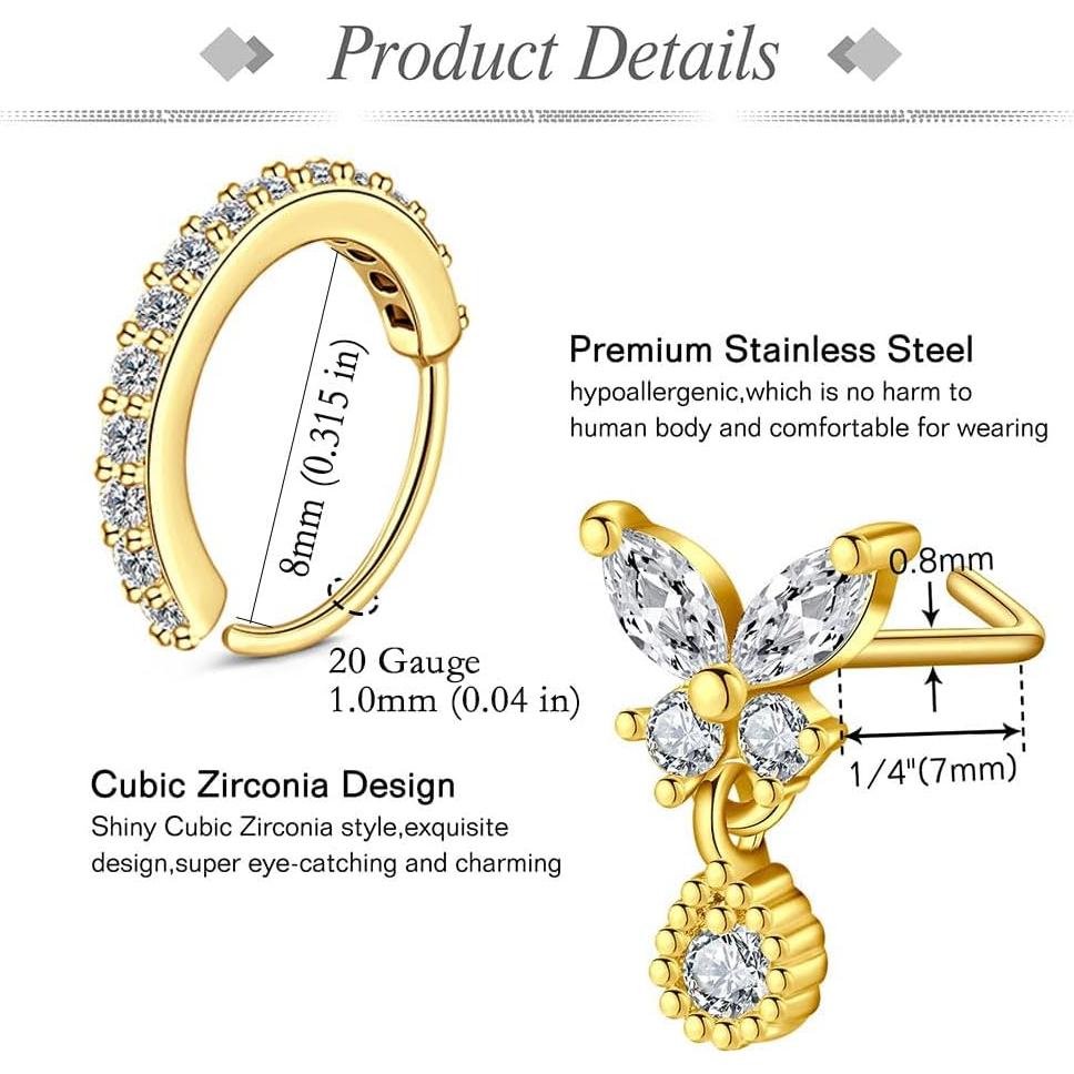 Aros Nasales 20G JFORYOU Acero Quirúrgico 16 Pcs Dorado