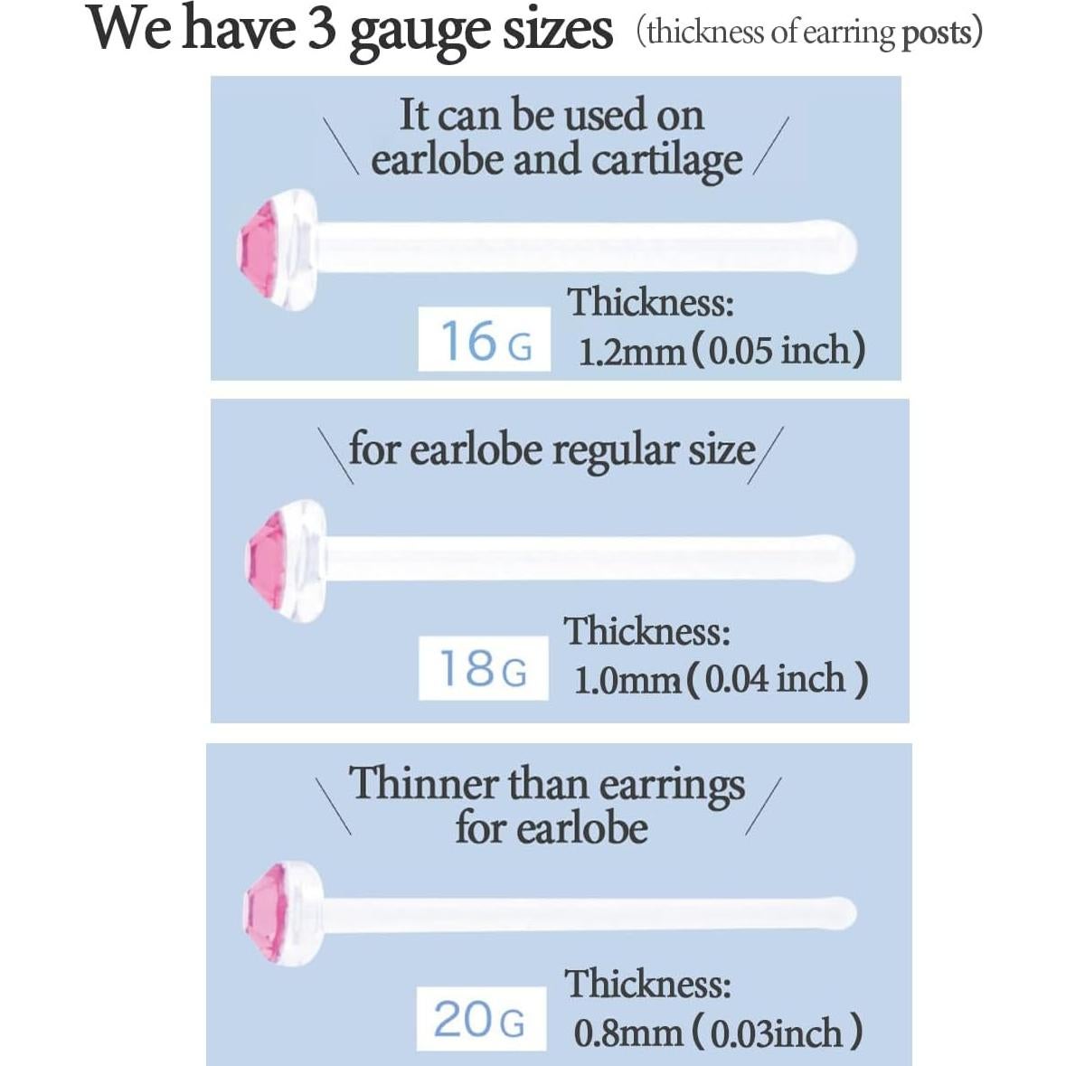 Pendientes de Stud de Vidrio Templado Hipoalergénico 20G 18G 16G