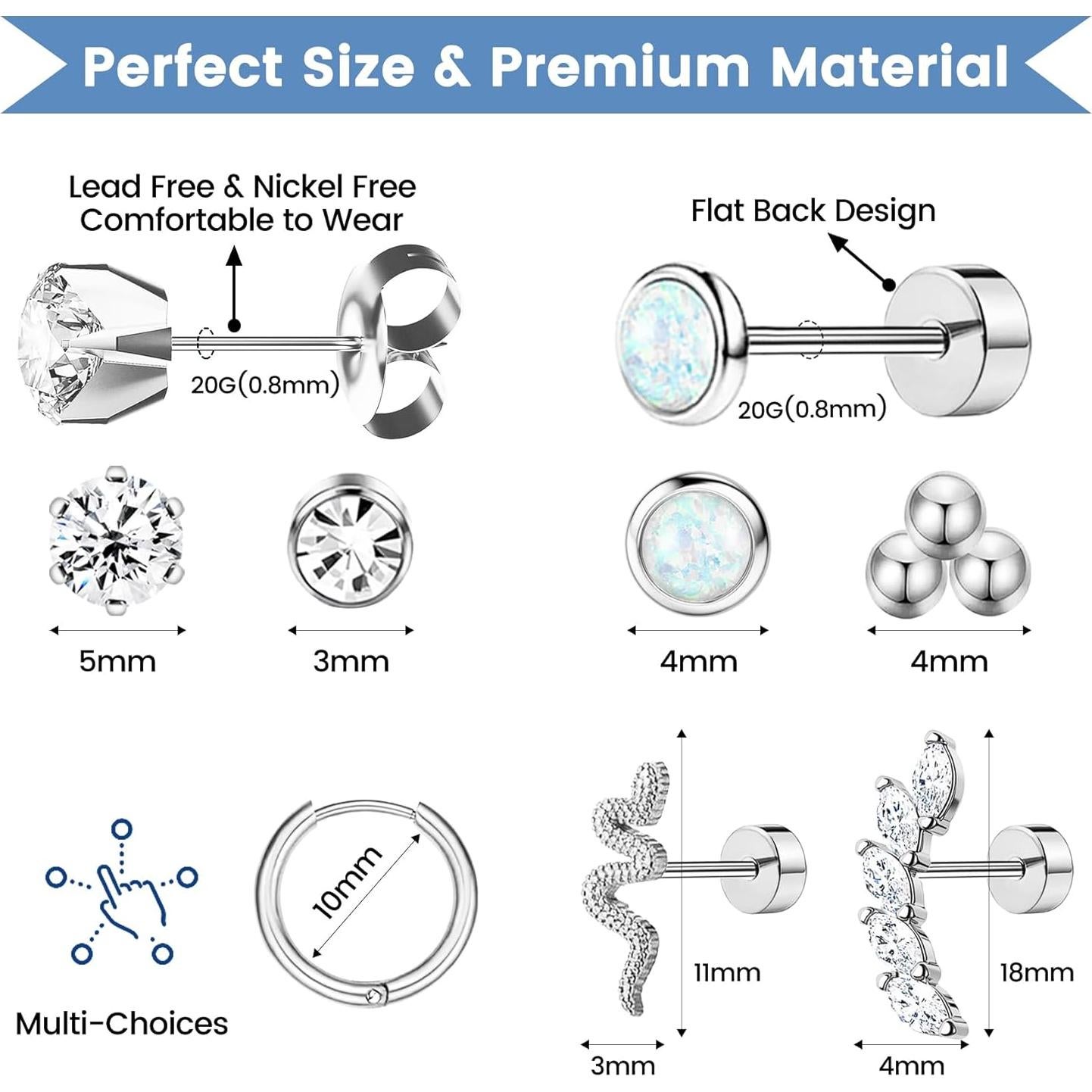 Kit de Perforación de Orejas 20 Pcs Nunpag con Pendientes