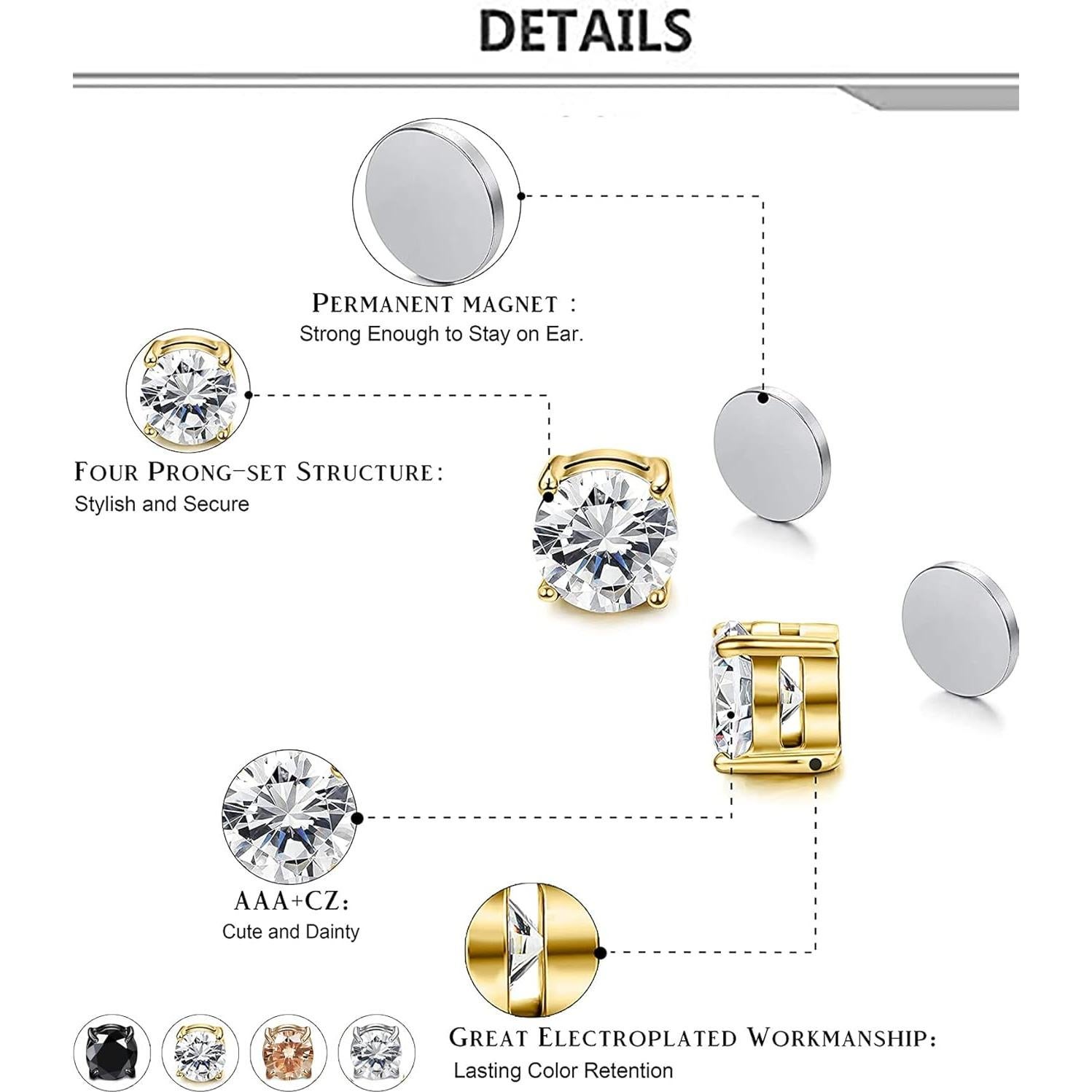 Pendientes Magnéticos Acero Inoxidable SIISPRI 4 Pares 8MM