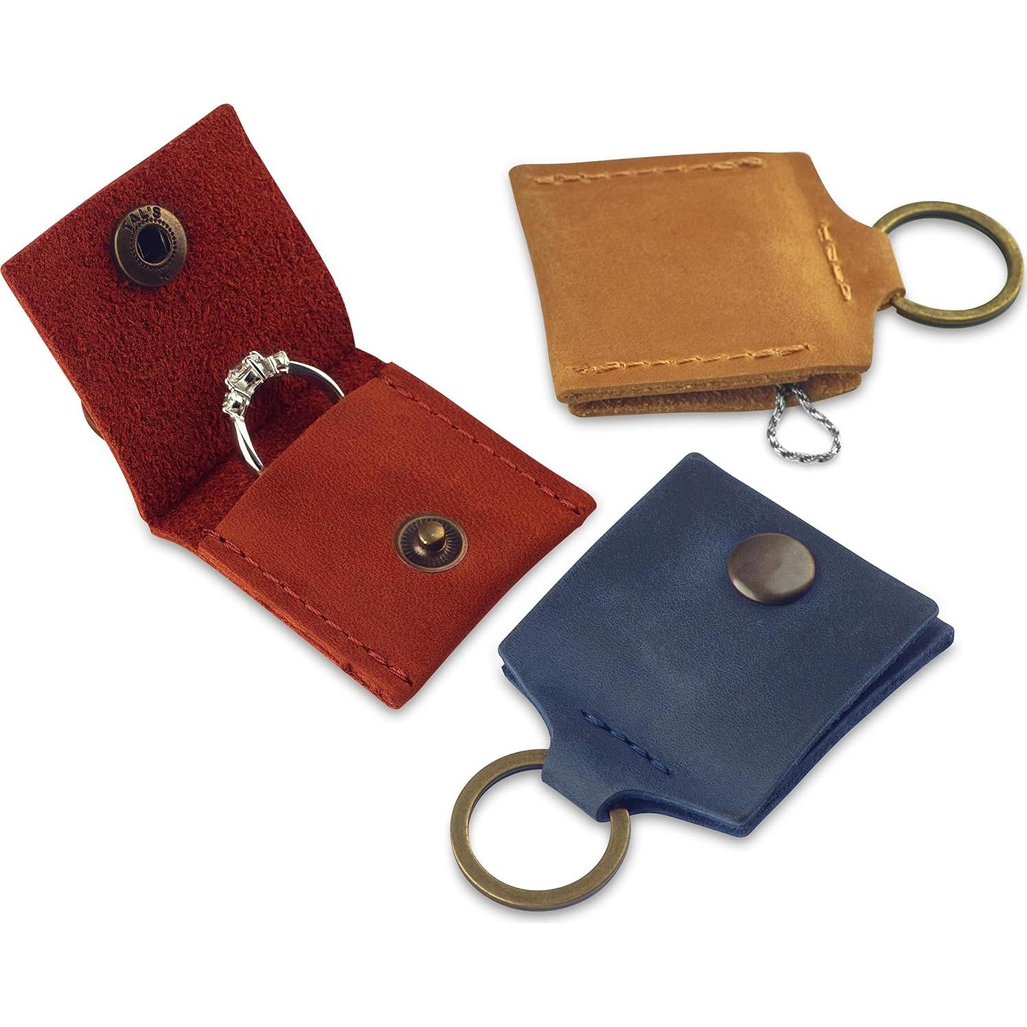 Porta Anillos de Cuero Genuino Azul - Estuche de Viaje Compacto