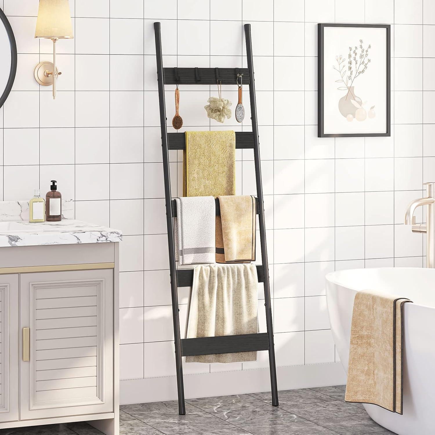 Escalera de Mantas HOOBRO Negra, Estante de 5 Niveles para Toallas