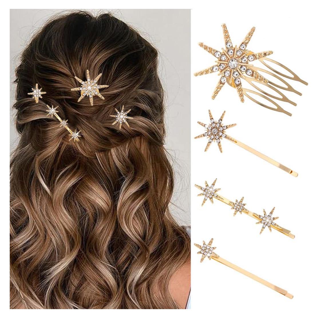 Conjunto de Horquillas de Estrella CAKURE con Rhinestones - 4 Piezas Doradas