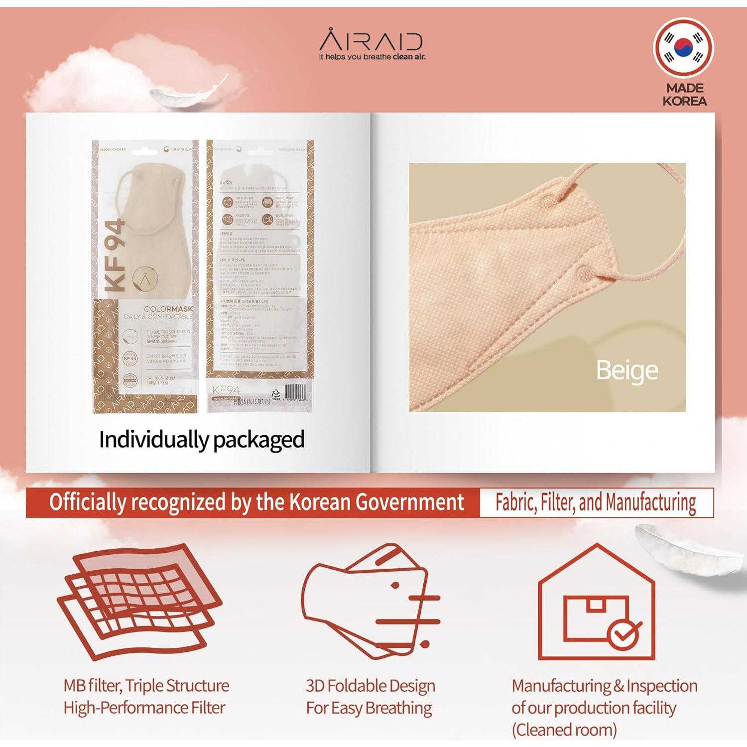 Mascarillas KF94 AIRAID Beige 20P - Protección Facial 3D