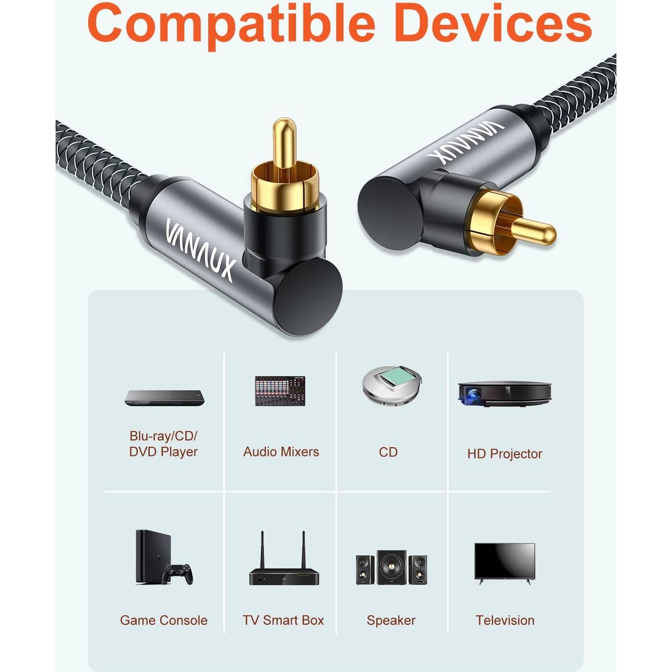 Cable RCA Doble 90 Grados VANAUX 0.6m para Subwoofer y Audio