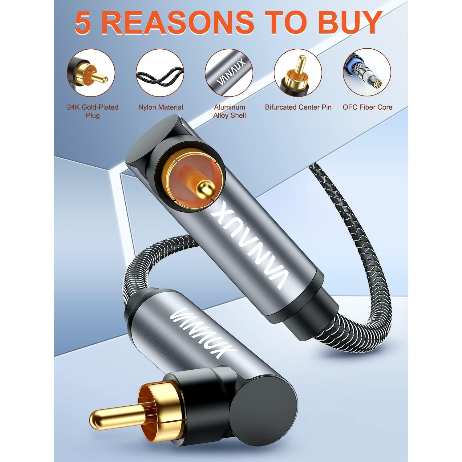 Cable RCA Doble 90 Grados VANAUX 0.6m para Subwoofer y Audio