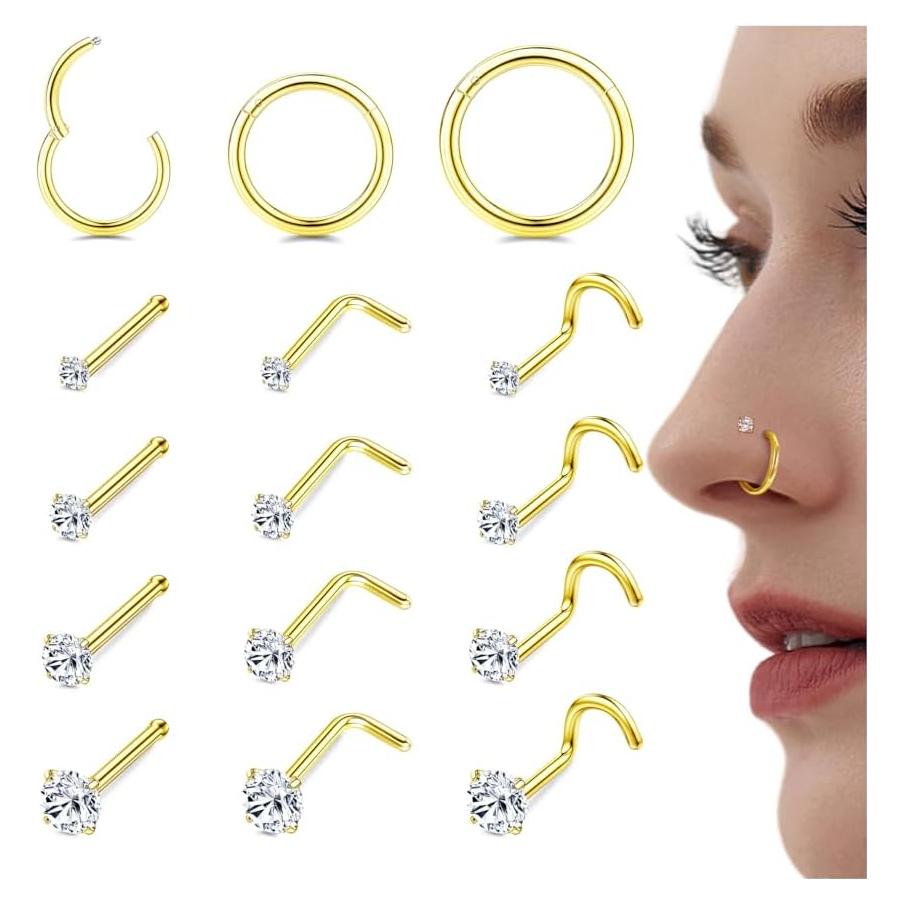 Aros Nasales Hipoalergénicos LOYALLOOK 15Pcs Dorados 18G