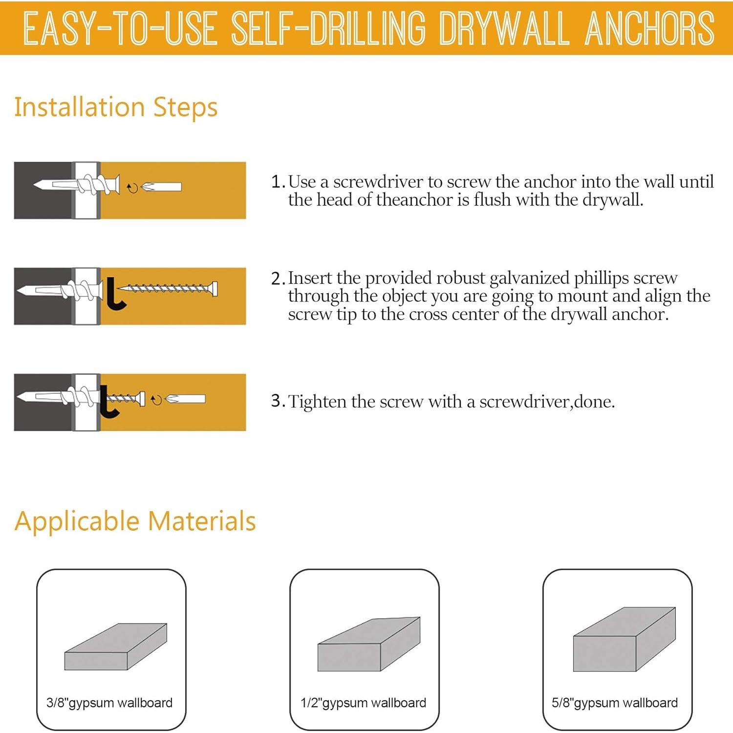 KURUI Anclajes de Yeso Autoperforantes Zinc 60 Pcs 22.68 kg
