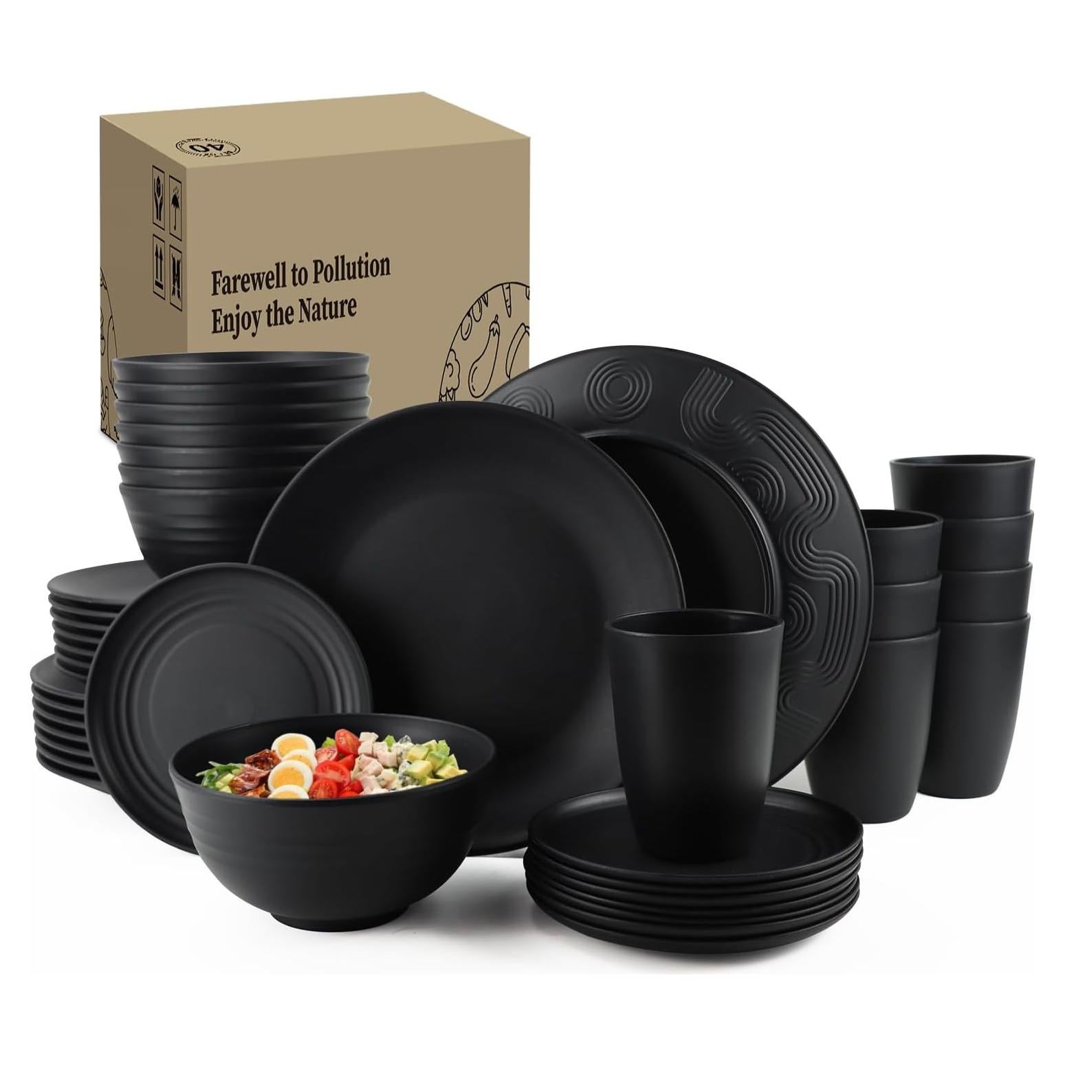 Juego de Vajilla de Paja de Trigo Homienly 40 Piezas Negro