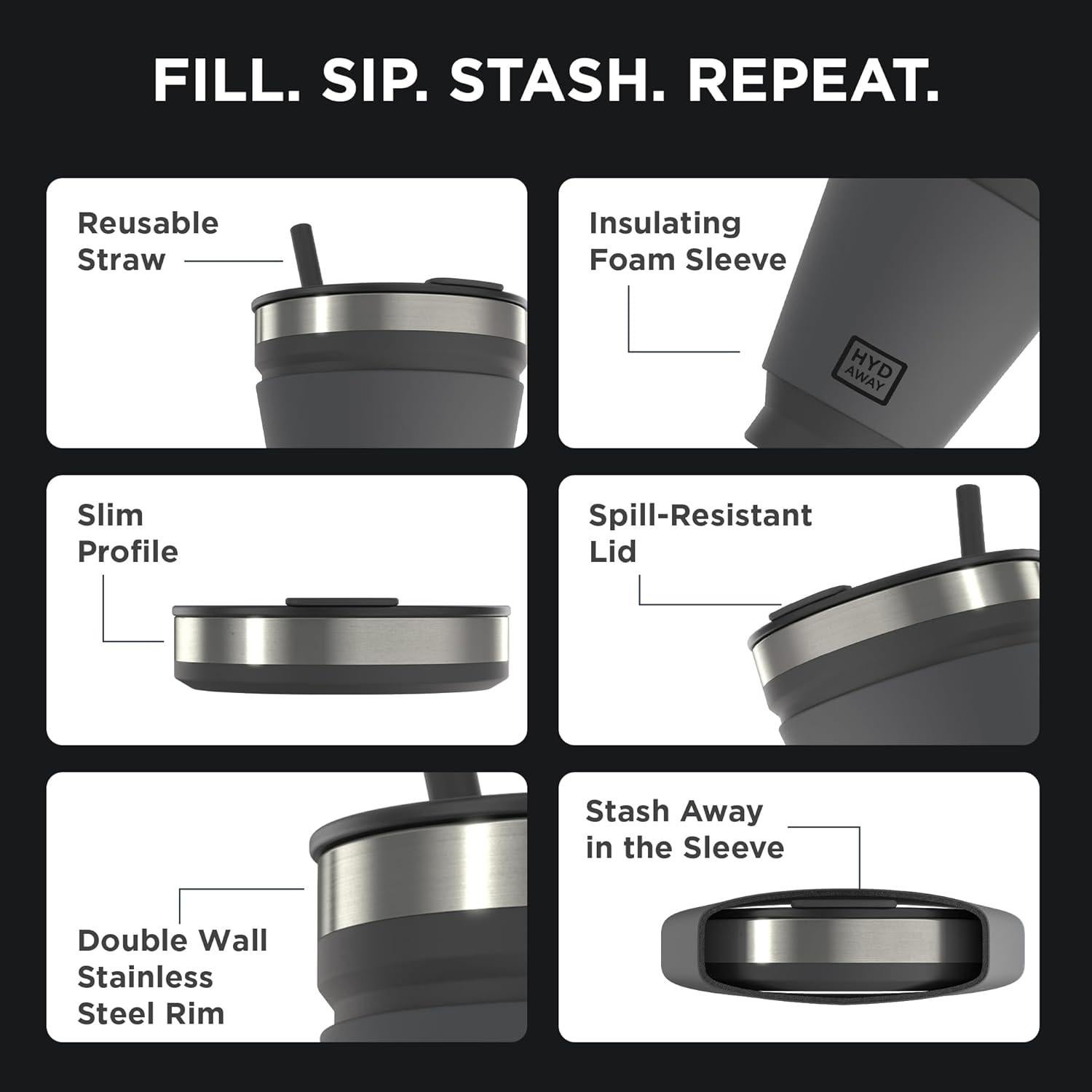 Vaso Plegable HYDAWAY 0.47L con Tapa y Pajilla Aislado