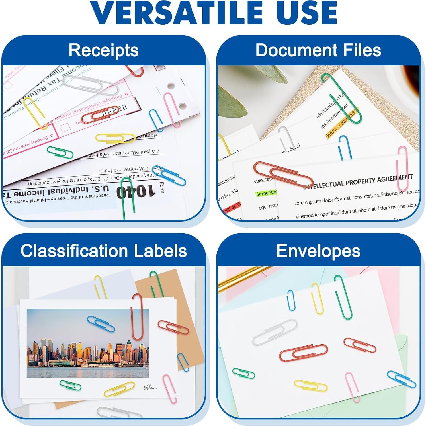 1000 Clips de Papel BainGesk Multicolor Tamaños Variados