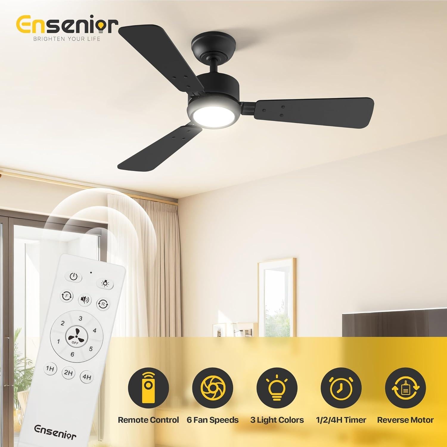 Ventilador de Techo Ensenior 42" Negro con Luz y Control Remoto