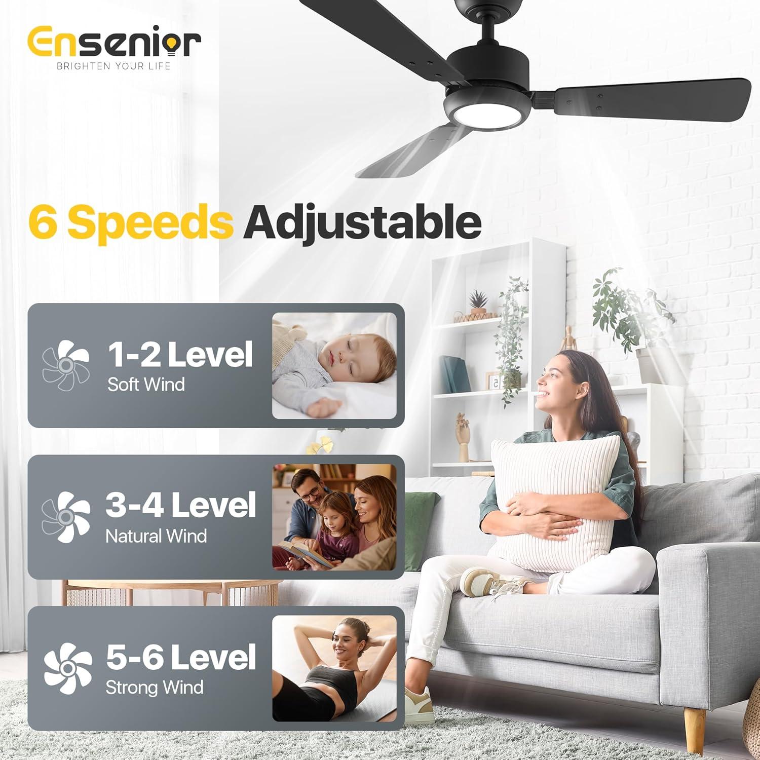 Ventilador de Techo Ensenior 42" Negro con Luz y Control Remoto