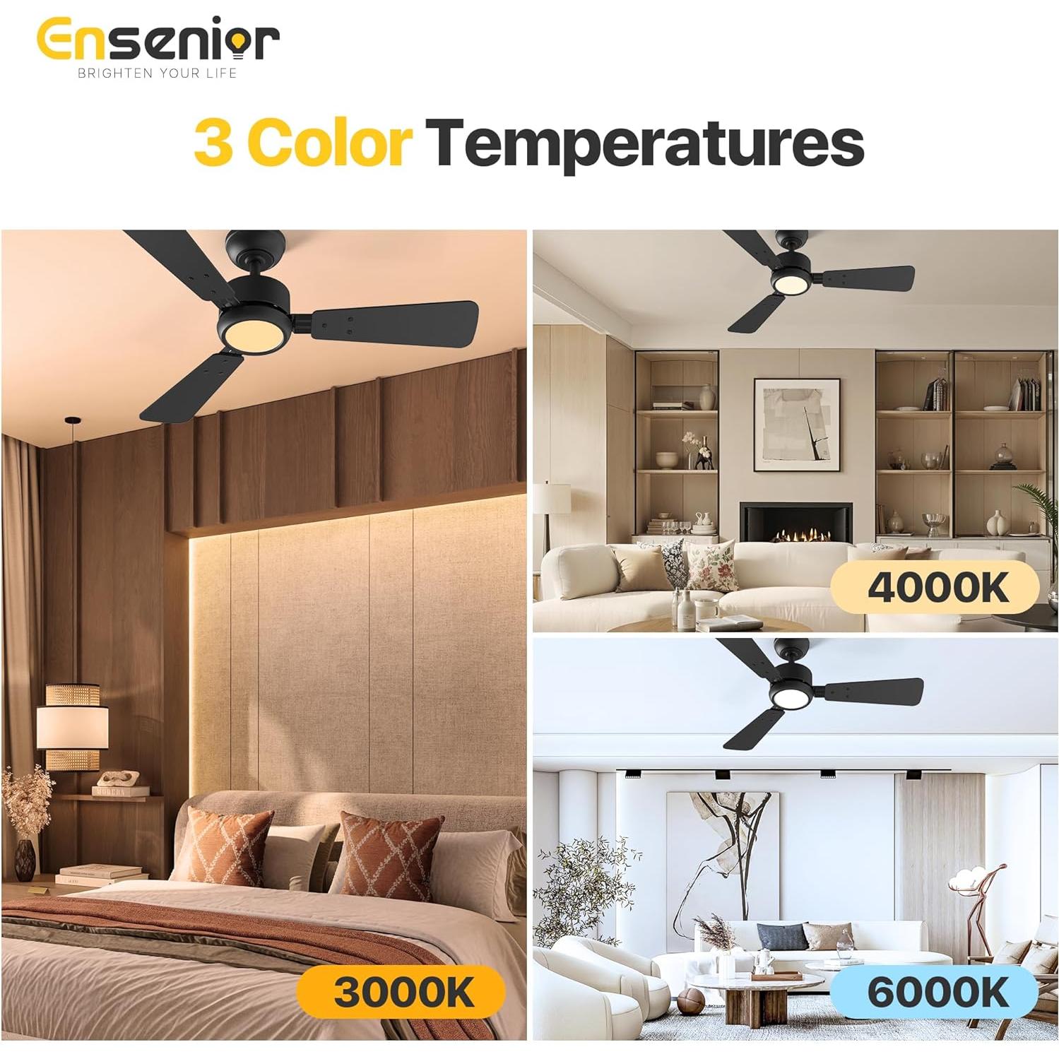 Ventilador de Techo Ensenior 42" Negro con Luz y Control Remoto