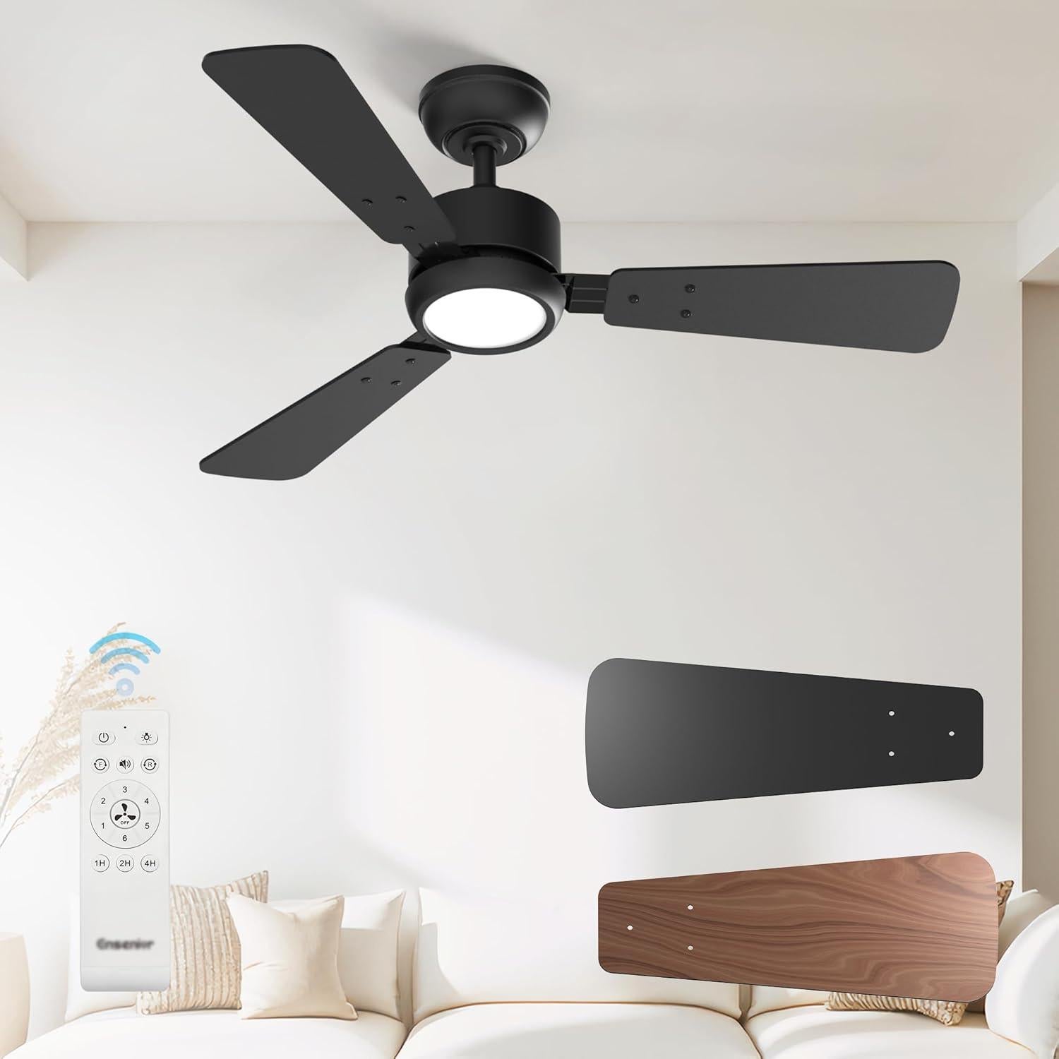 Ventilador de Techo Ensenior 42" Negro con Luz y Control Remoto