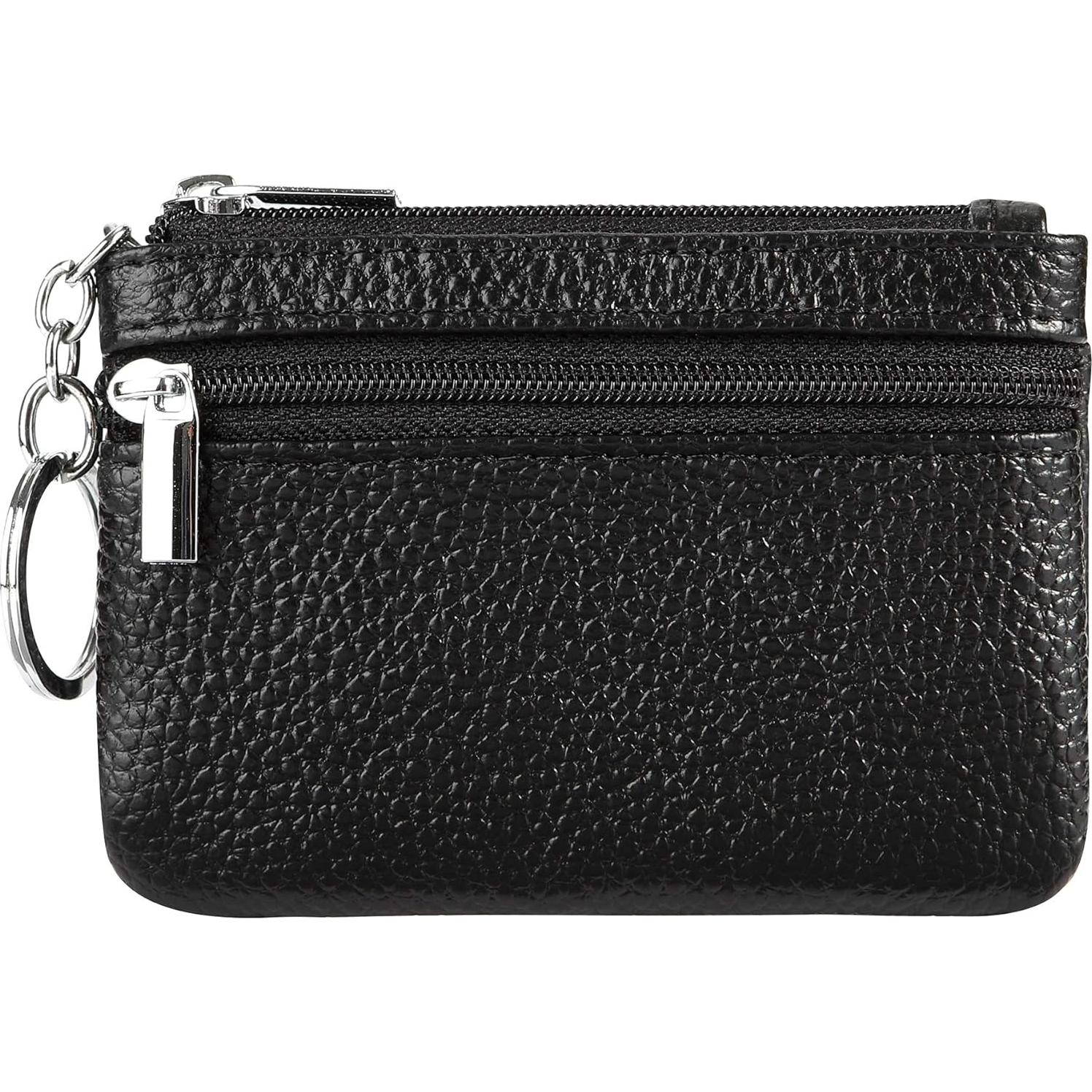 Monedero de Cambio Mini de Cuero Genuino para Mujeres Negro