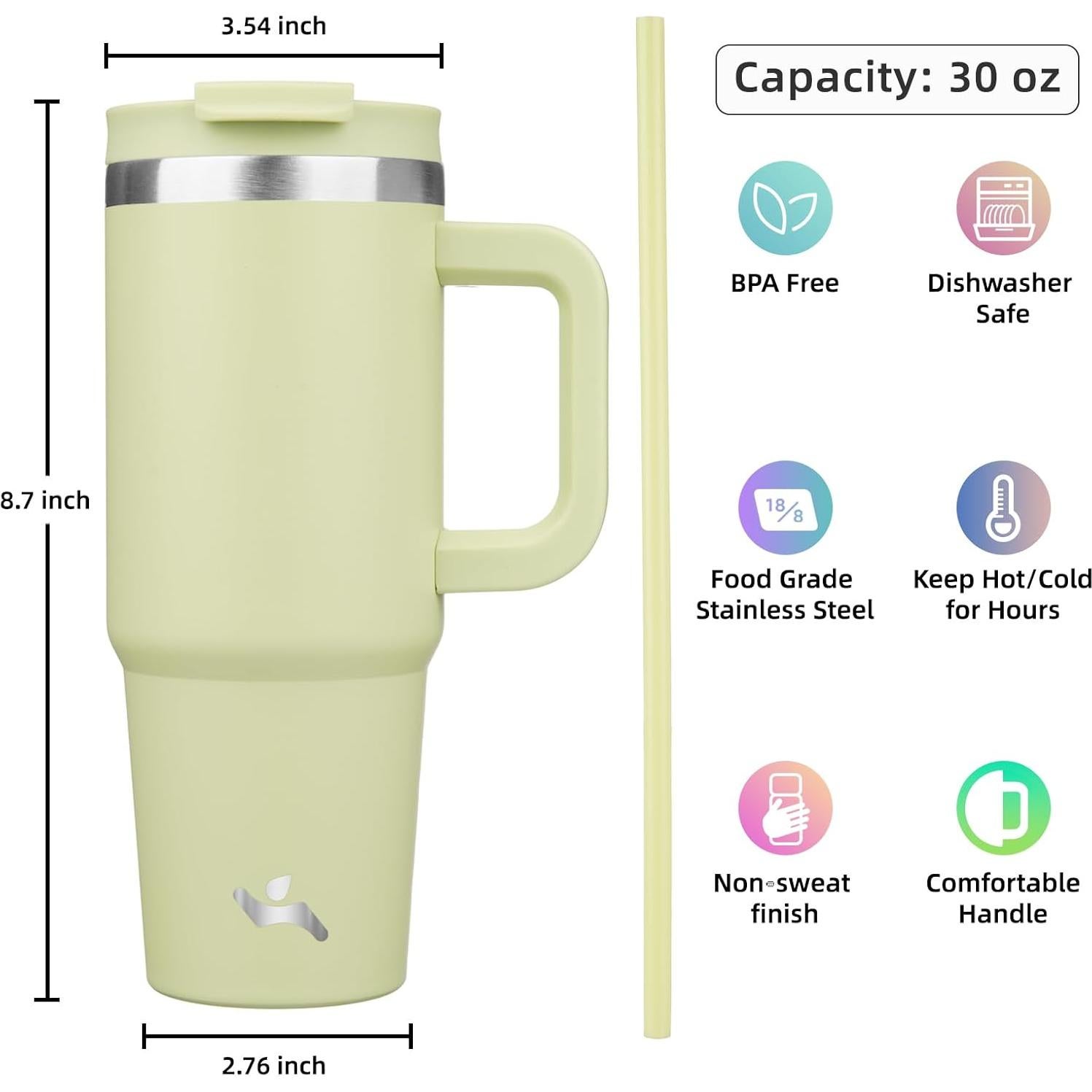 Taza Aislada Konokyo 30 oz Verde Macaron con Popotes