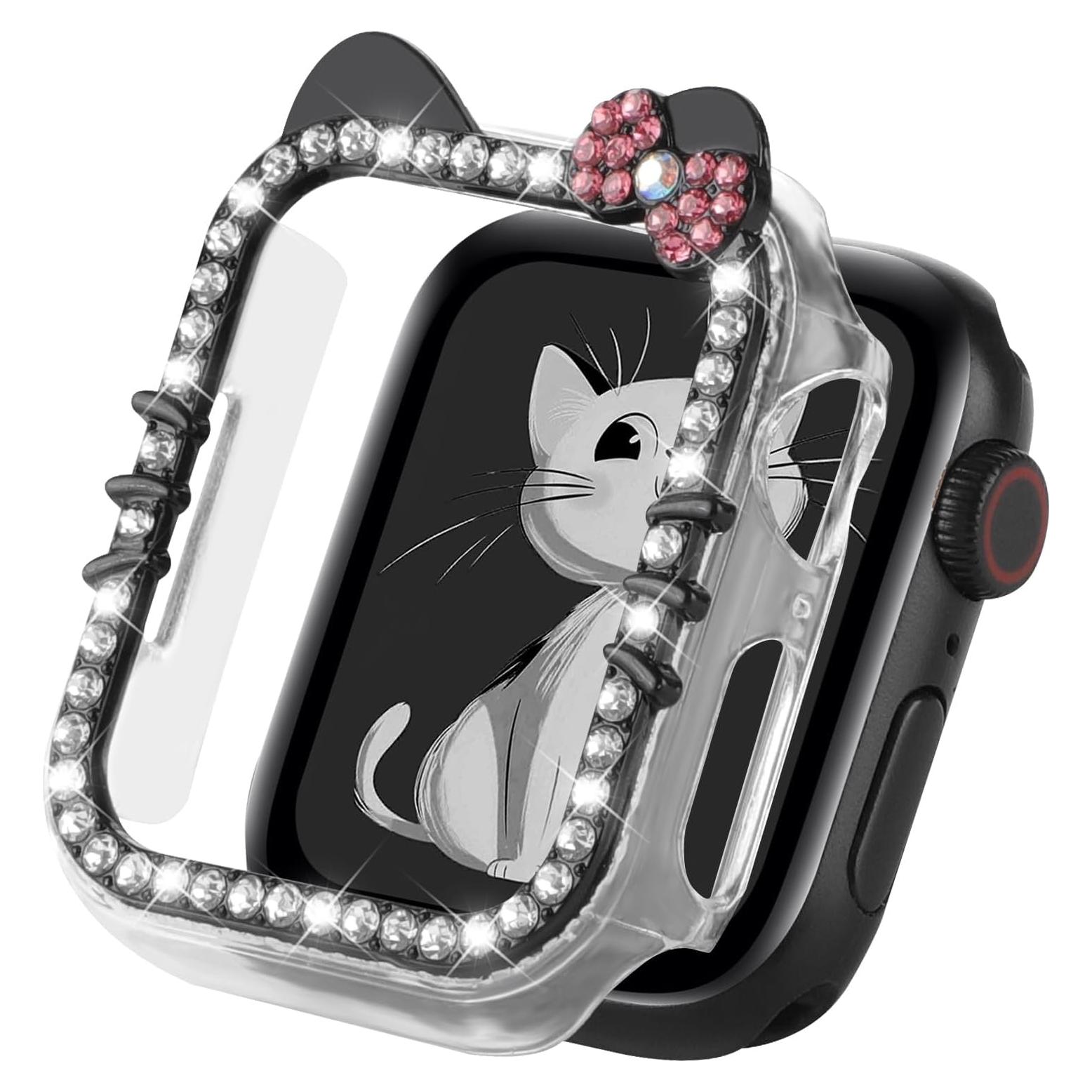 Cartoon Cat Case Compatible with Apple Watch Cover for Women iWatch Series 10 46mm 42mm, Series 9 8 7 41mm 45mm, Series 6 5 4 SE 40mm 44mm, Bling Rhinestone Cute Protective Clear PC Frame