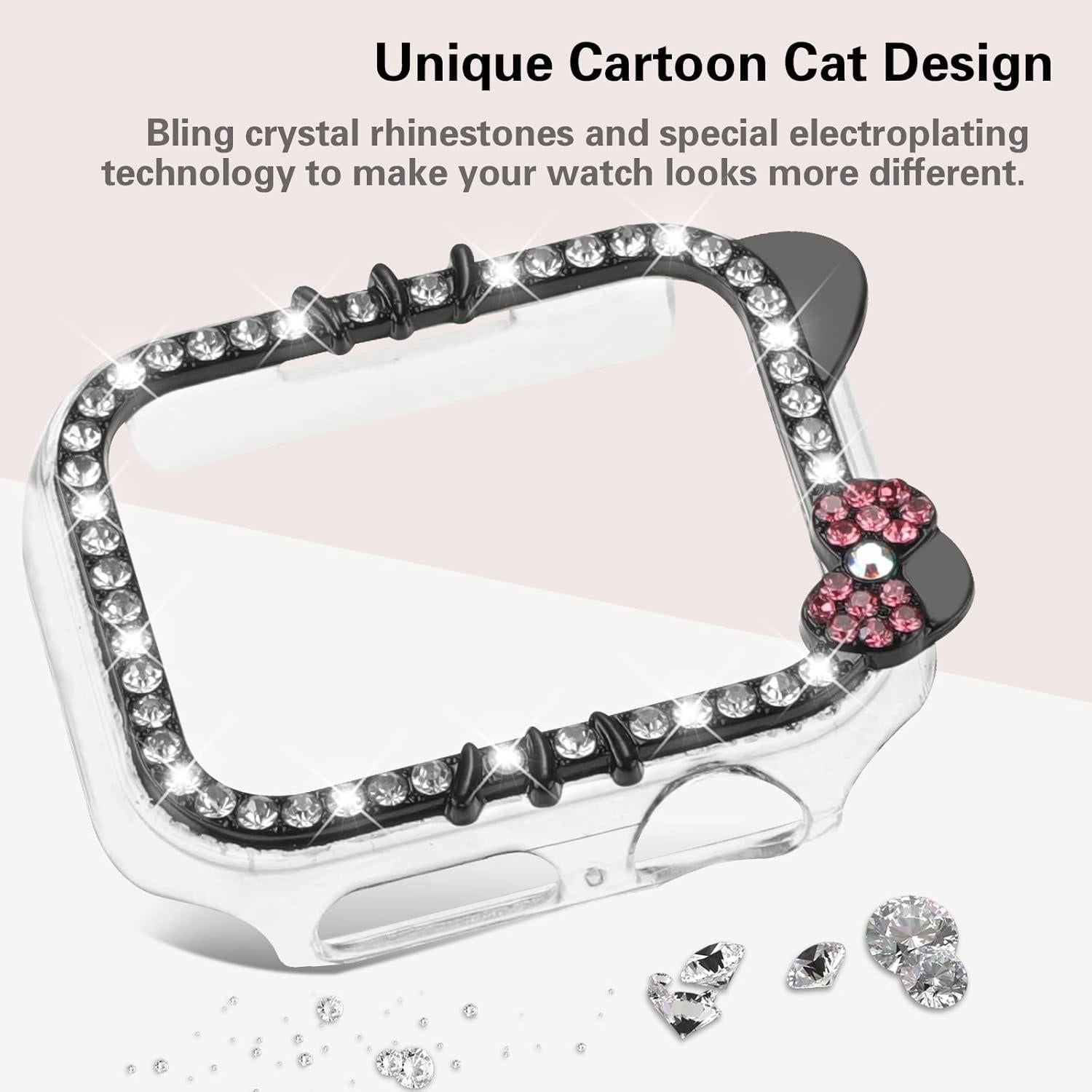 Cartoon Cat Case Compatible with Apple Watch Cover for Women iWatch Series 10 46mm 42mm, Series 9 8 7 41mm 45mm, Series 6 5 4 SE 40mm 44mm, Bling Rhinestone Cute Protective Clear PC Frame