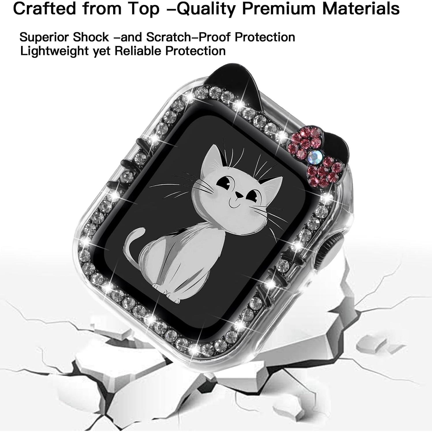 Cartoon Cat Case Compatible with Apple Watch Cover for Women iWatch Series 10 46mm 42mm, Series 9 8 7 41mm 45mm, Series 6 5 4 SE 40mm 44mm, Bling Rhinestone Cute Protective Clear PC Frame