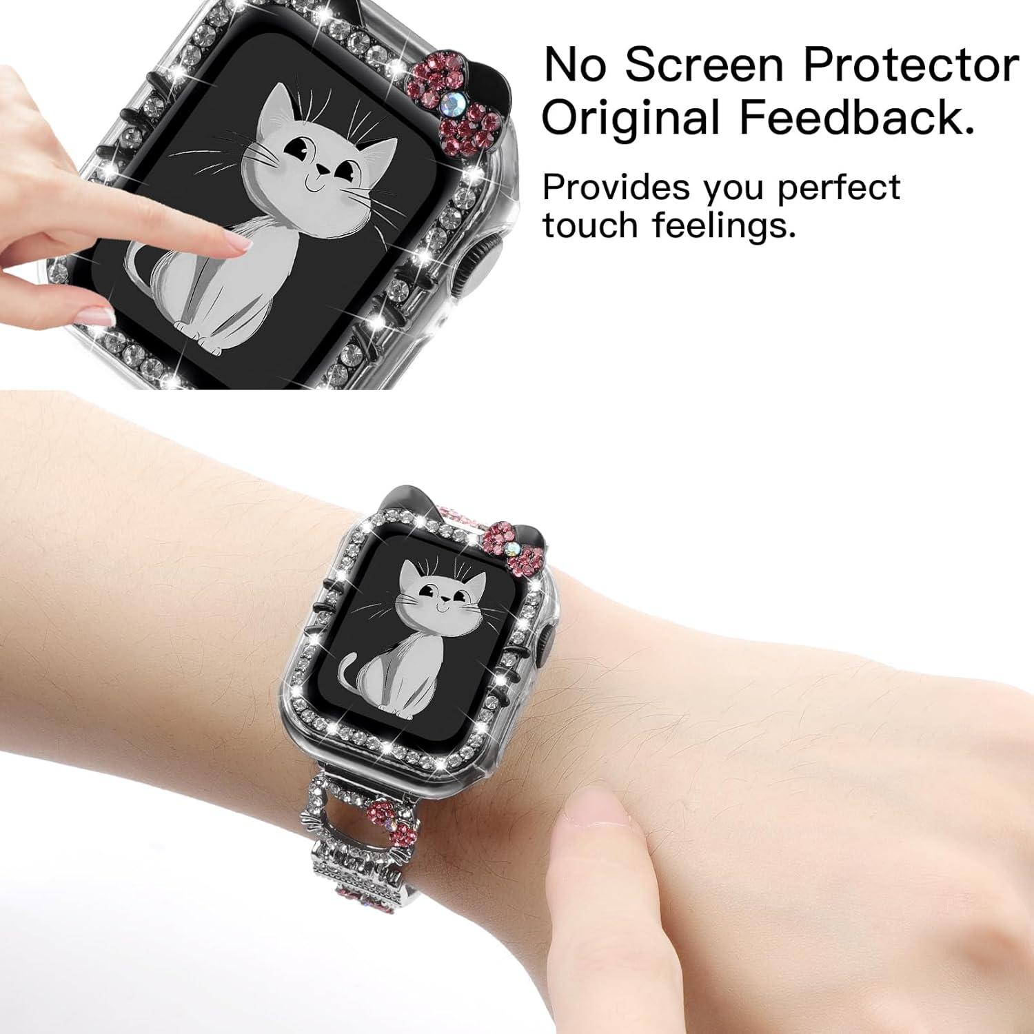 Cartoon Cat Case Compatible with Apple Watch Cover for Women iWatch Series 10 46mm 42mm, Series 9 8 7 41mm 45mm, Series 6 5 4 SE 40mm 44mm, Bling Rhinestone Cute Protective Clear PC Frame