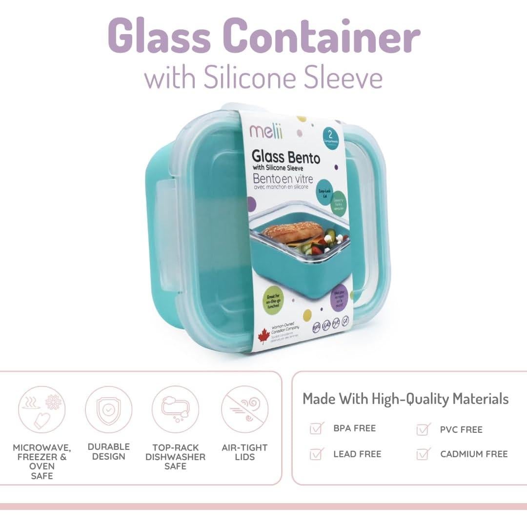 Caja Bento de Vidrio Melii 740ml con Manga de Silicona Azul