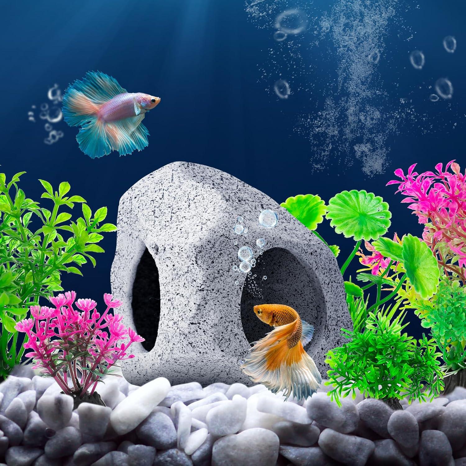 Decoración de Acuario CousDUoBe - Cueva Oculta de Roca y Plantas