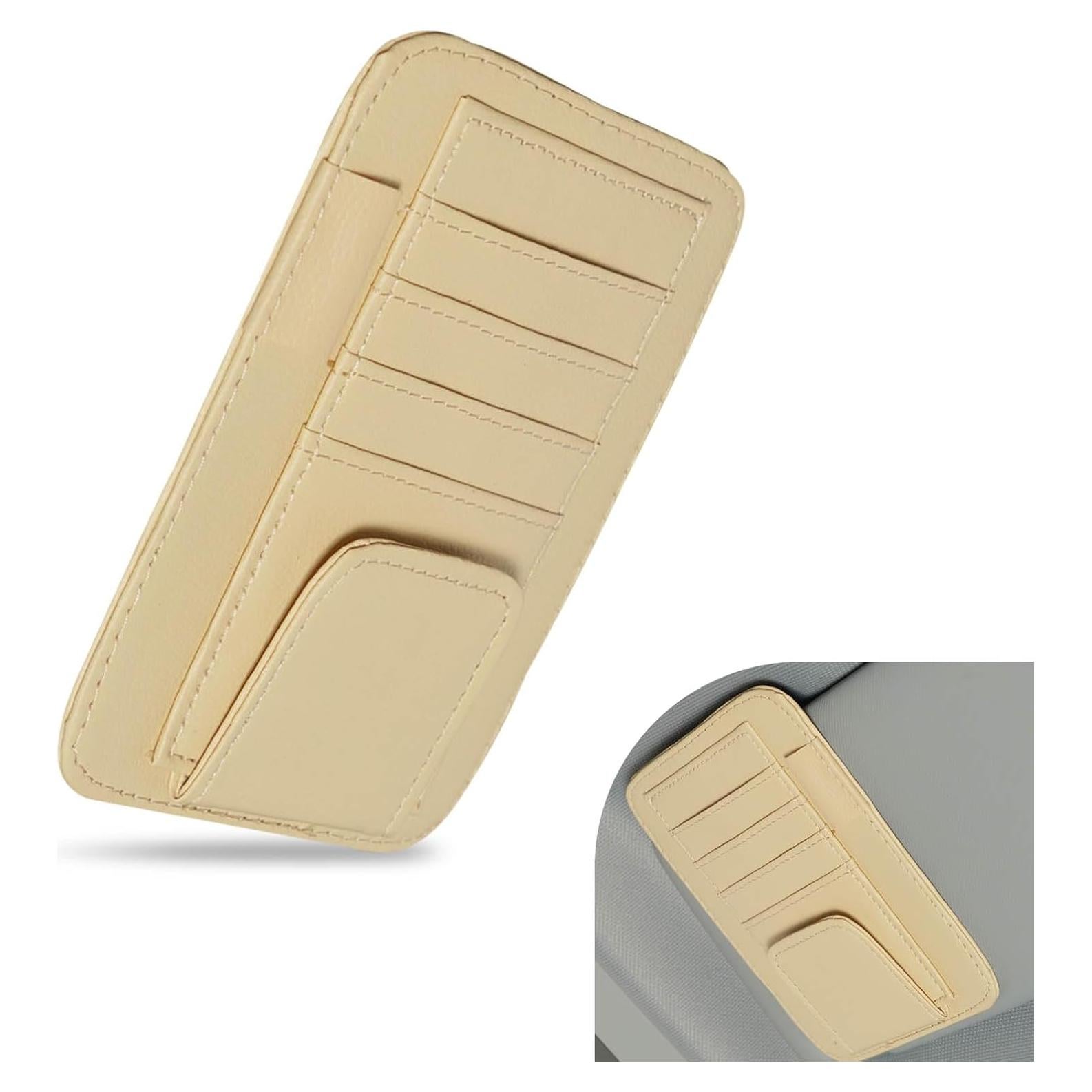 1 PC Car Sun Visor Storage Bag, 4.9" x 6.1" PU Leather Ticket ID Card Sunglasses Pen Non-Blocking Sight Bag, Back Clip Installation Accessories, Compatible with Most Car Models (Beige)
