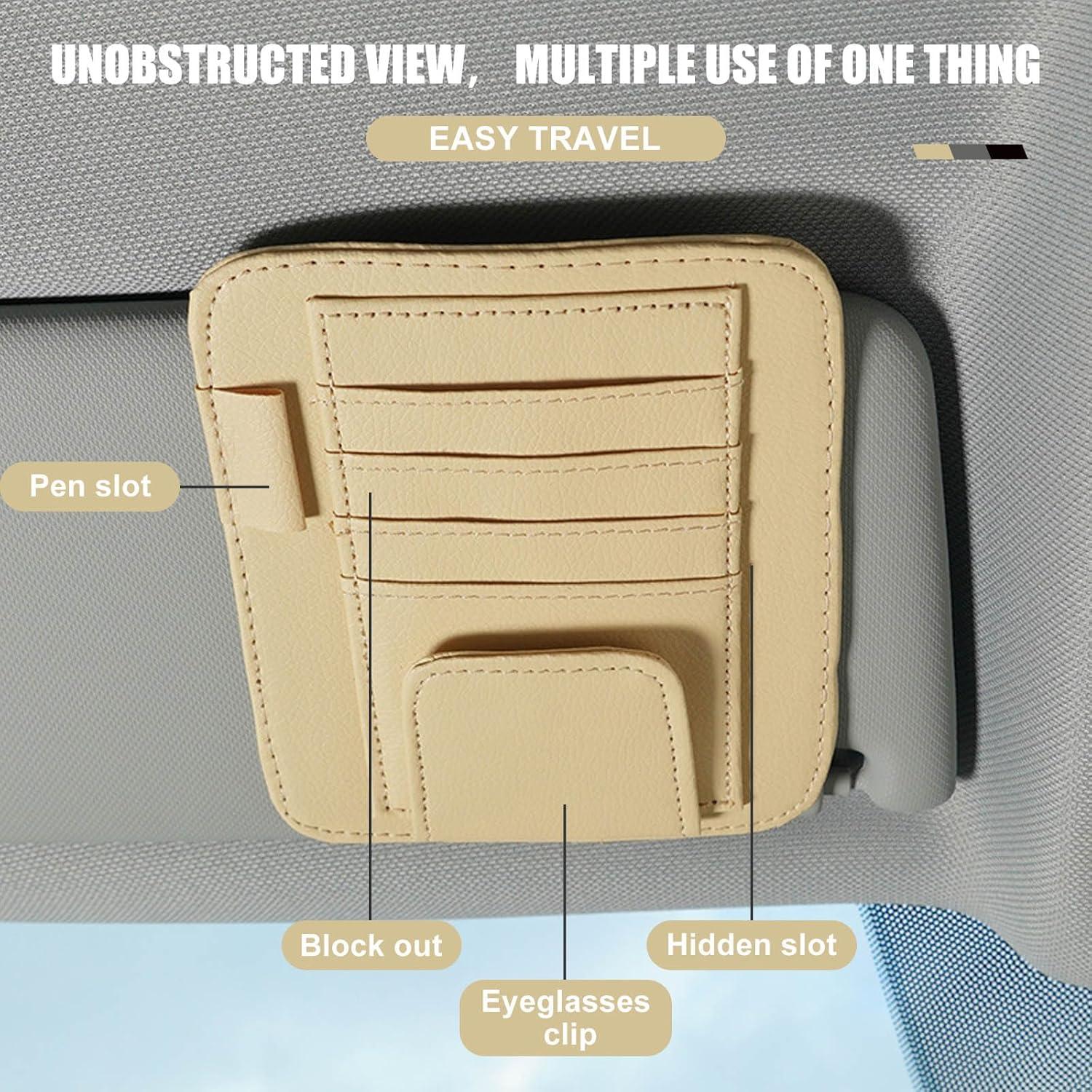 1 PC Car Sun Visor Storage Bag, 4.9" x 6.1" PU Leather Ticket ID Card Sunglasses Pen Non-Blocking Sight Bag, Back Clip Installation Accessories, Compatible with Most Car Models (Beige)