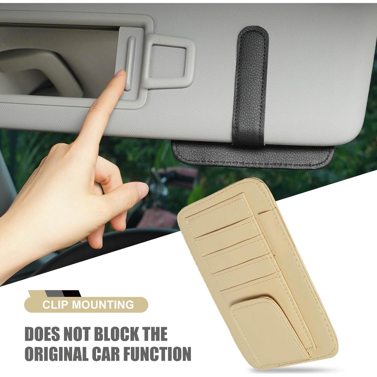 1 PC Car Sun Visor Storage Bag, 4.9" x 6.1" PU Leather Ticket ID Card Sunglasses Pen Non-Blocking Sight Bag, Back Clip Installation Accessories, Compatible with Most Car Models (Beige)