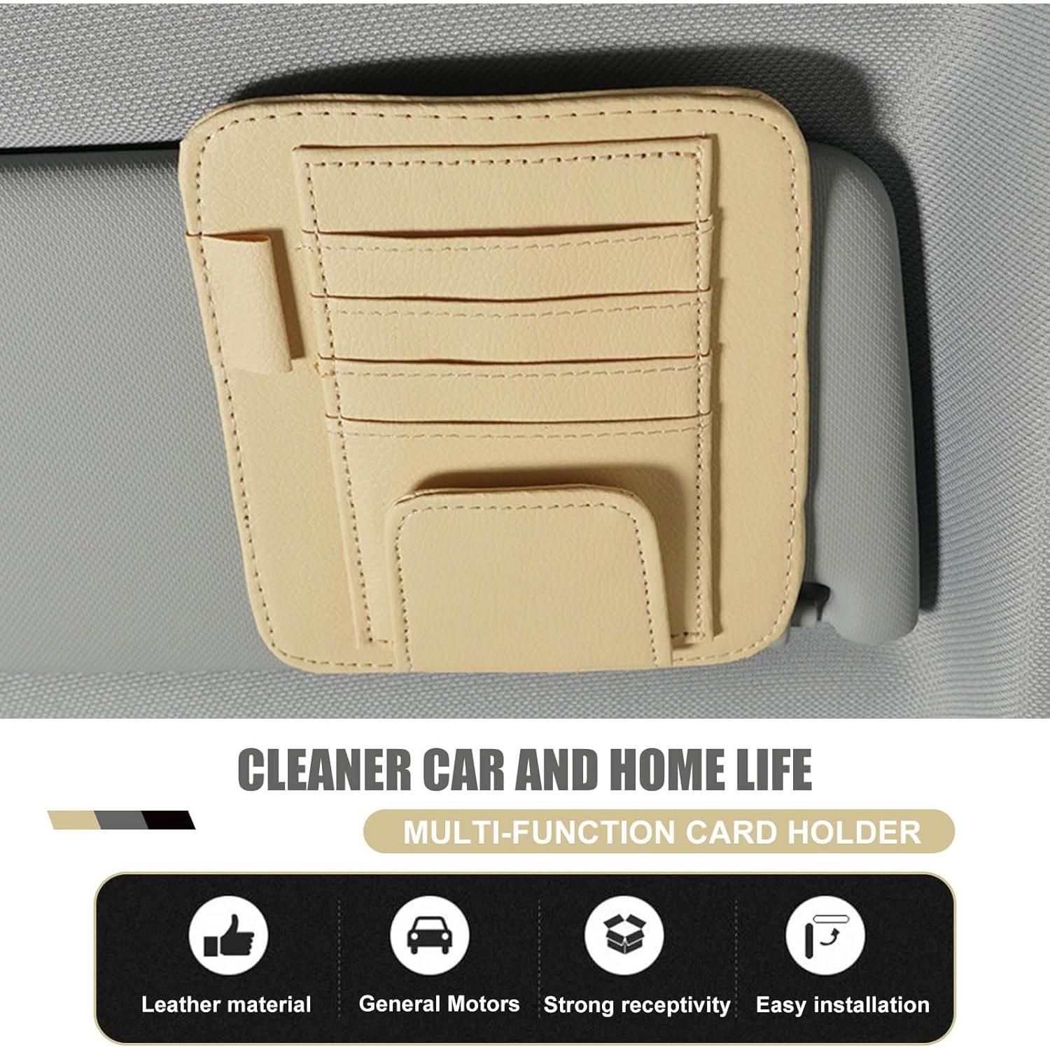 1 PC Car Sun Visor Storage Bag, 4.9" x 6.1" PU Leather Ticket ID Card Sunglasses Pen Non-Blocking Sight Bag, Back Clip Installation Accessories, Compatible with Most Car Models (Beige)