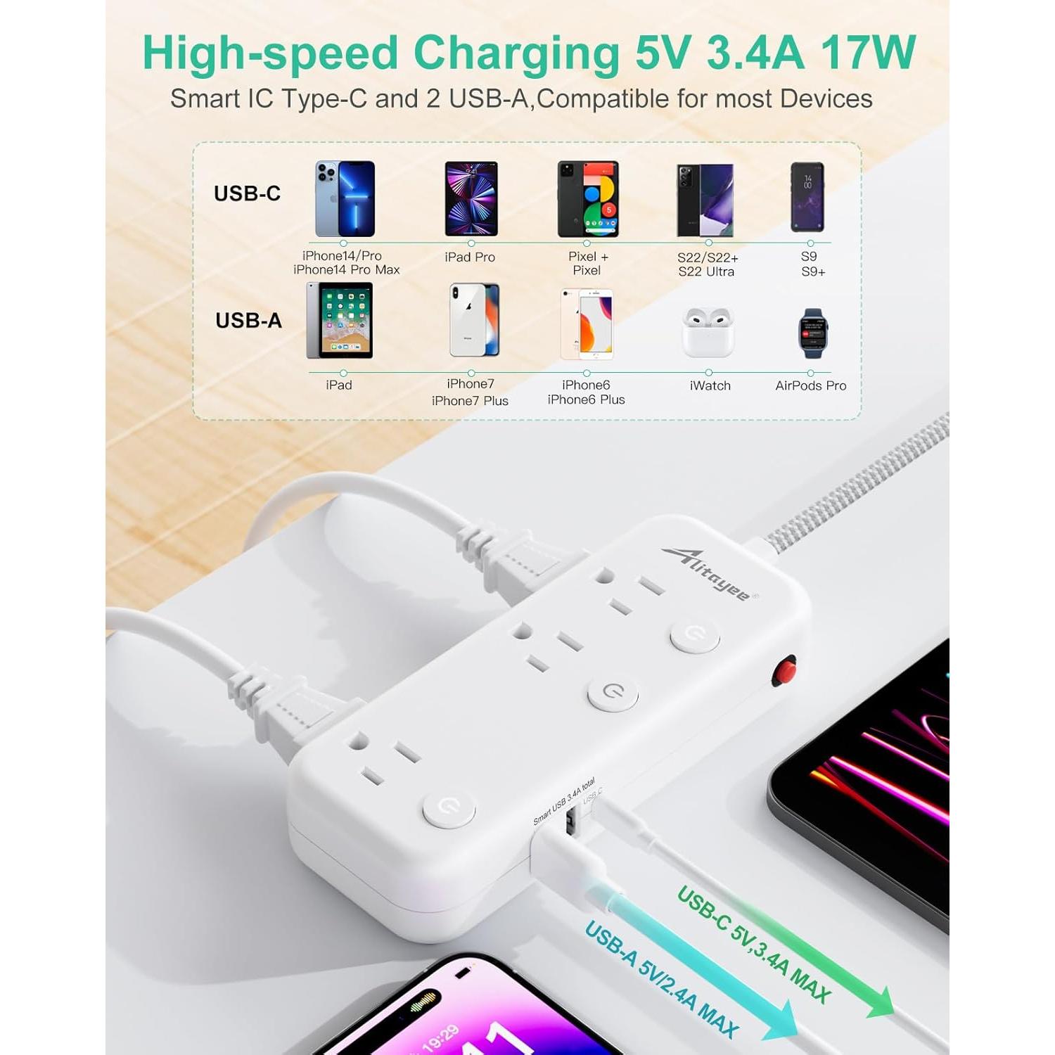 Regleta de Alimentación Alitayee 6 Salidas 3 USB 17W 5ft