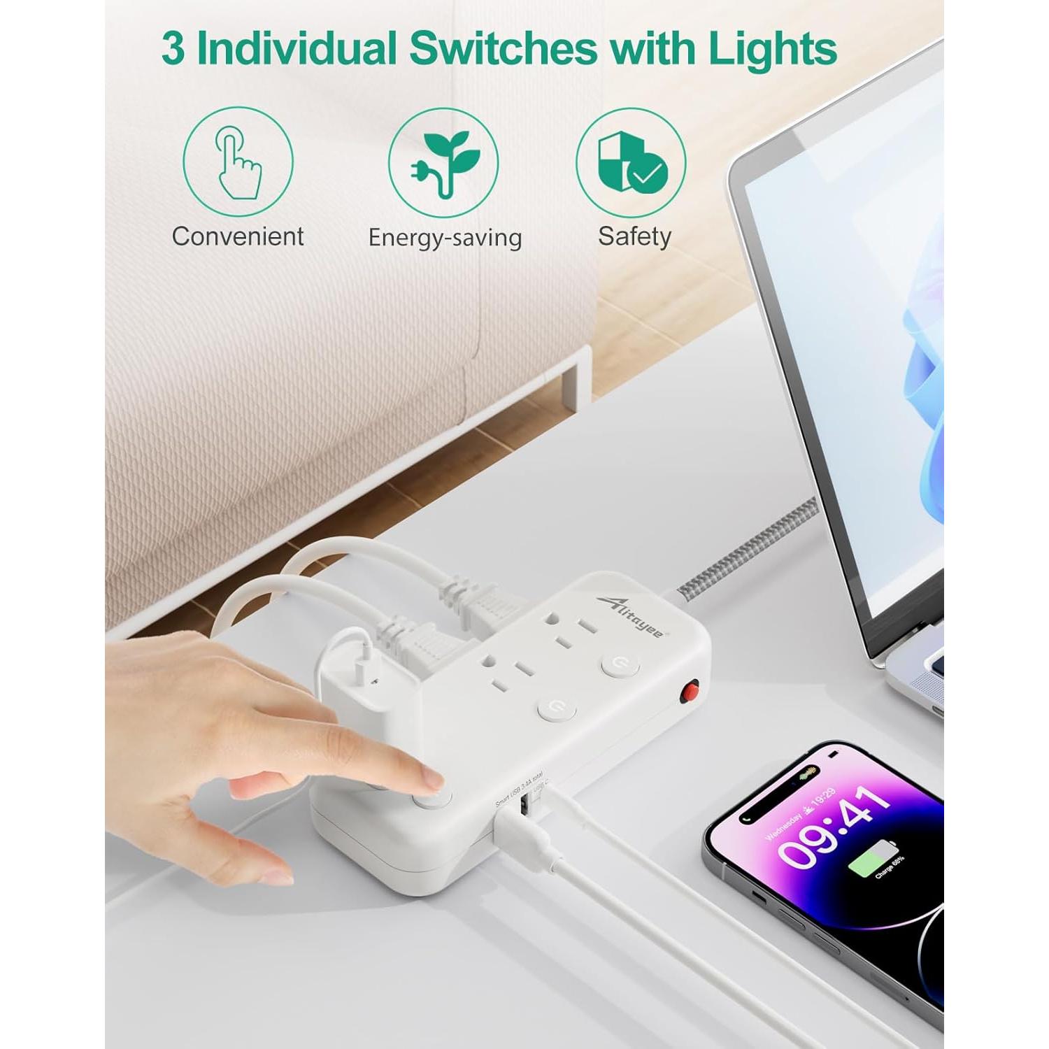 Regleta de Alimentación Alitayee 6 Salidas 3 USB 17W 5ft