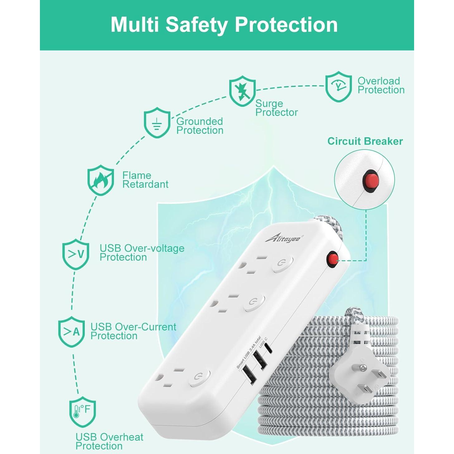 Regleta de Alimentación Alitayee 6 Salidas 3 USB 17W 5ft