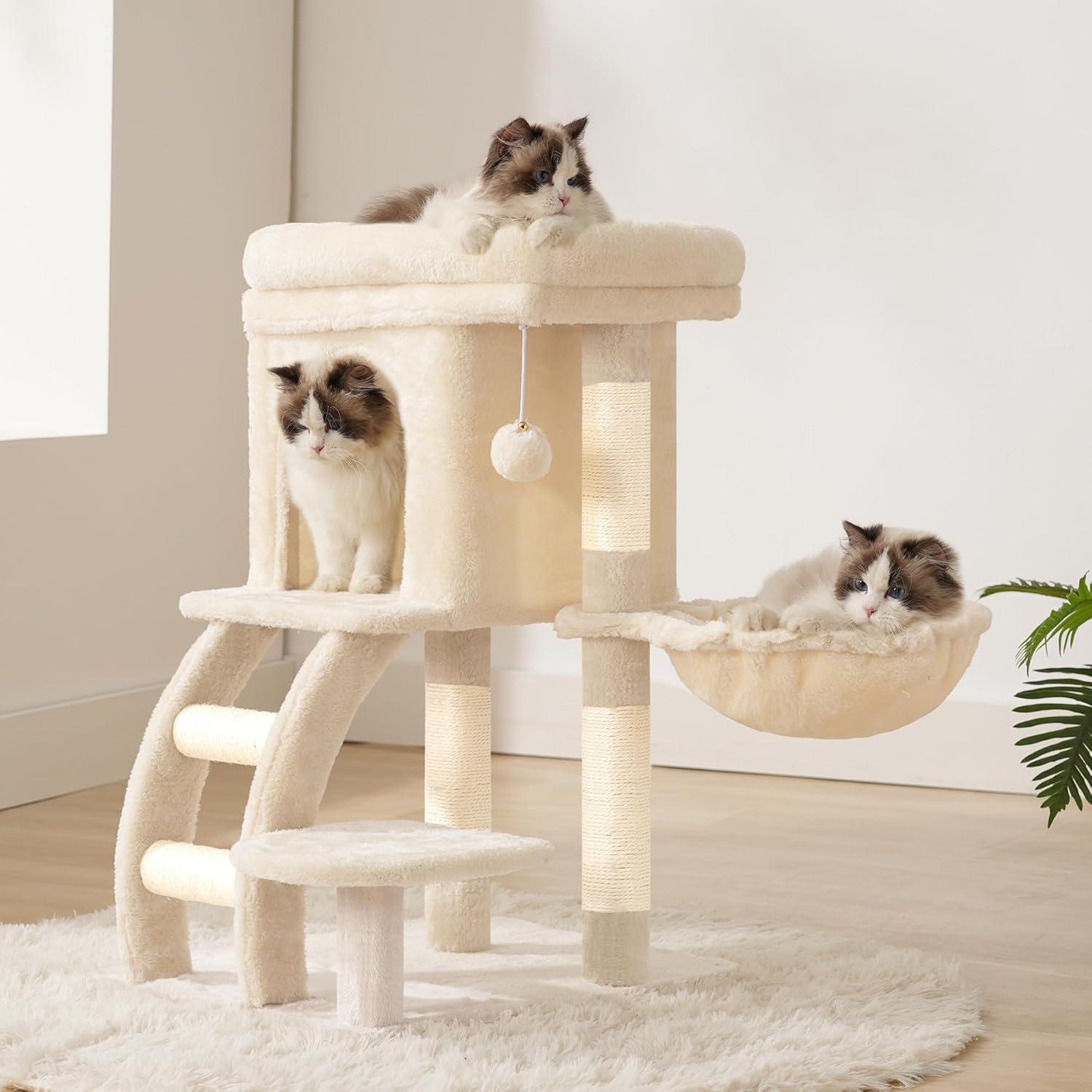 Torre para Gatos Heybly HCT009SM Beige con Plataforma y Postes