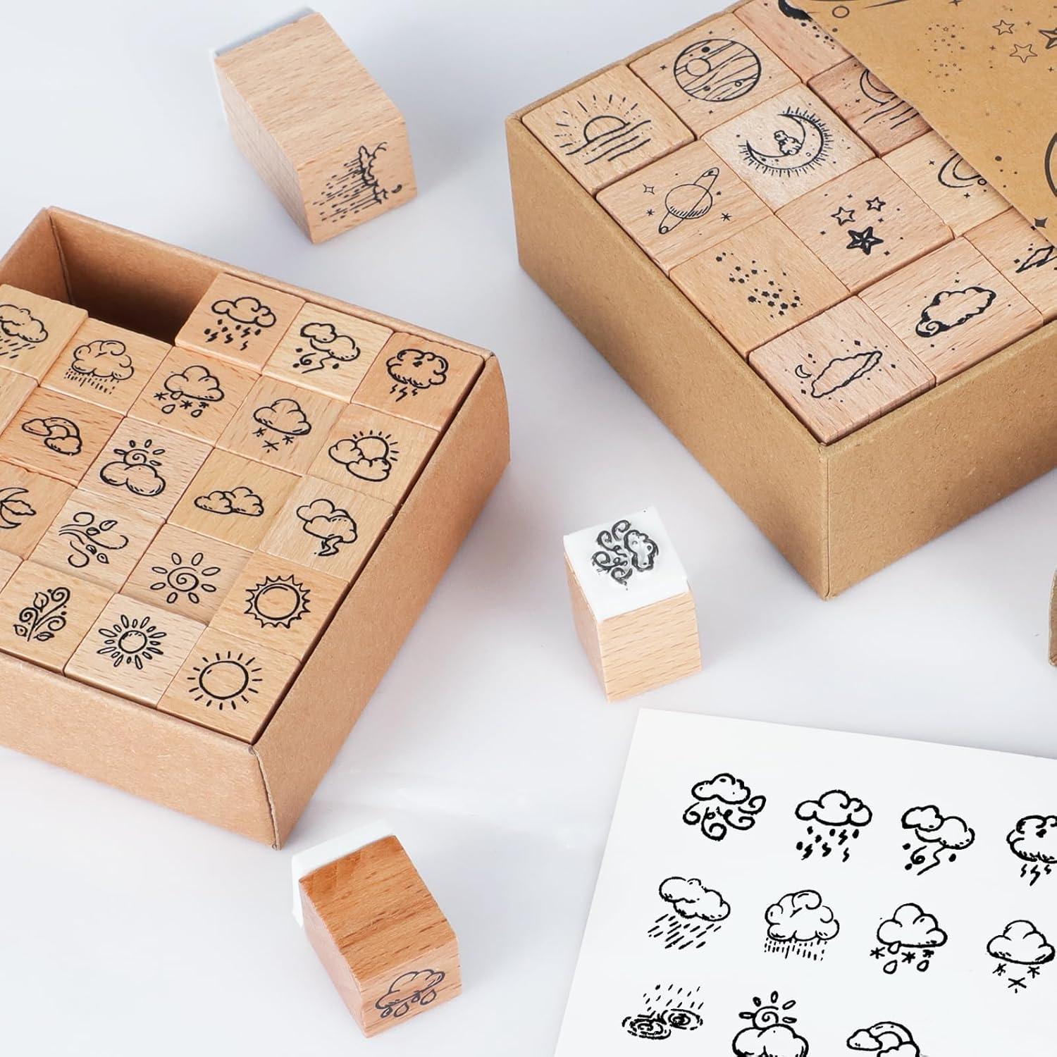 Juego de Sellos de Goma de Madera Eonenomi 41 Piezas Clima y Galaxias