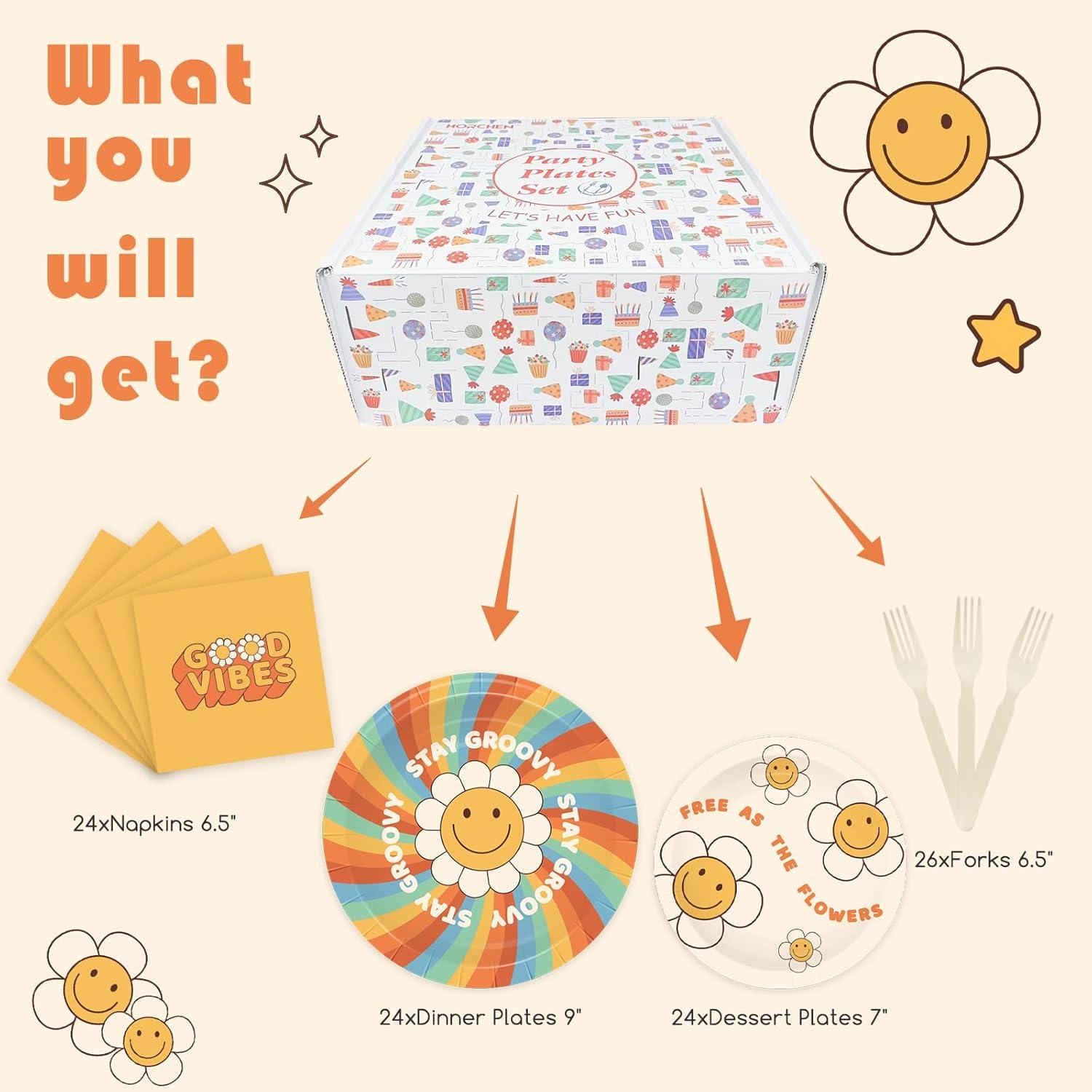 Set de Vajilla de Cumpleaños Groovy 98 Piezas Horchen para 24 Invitados