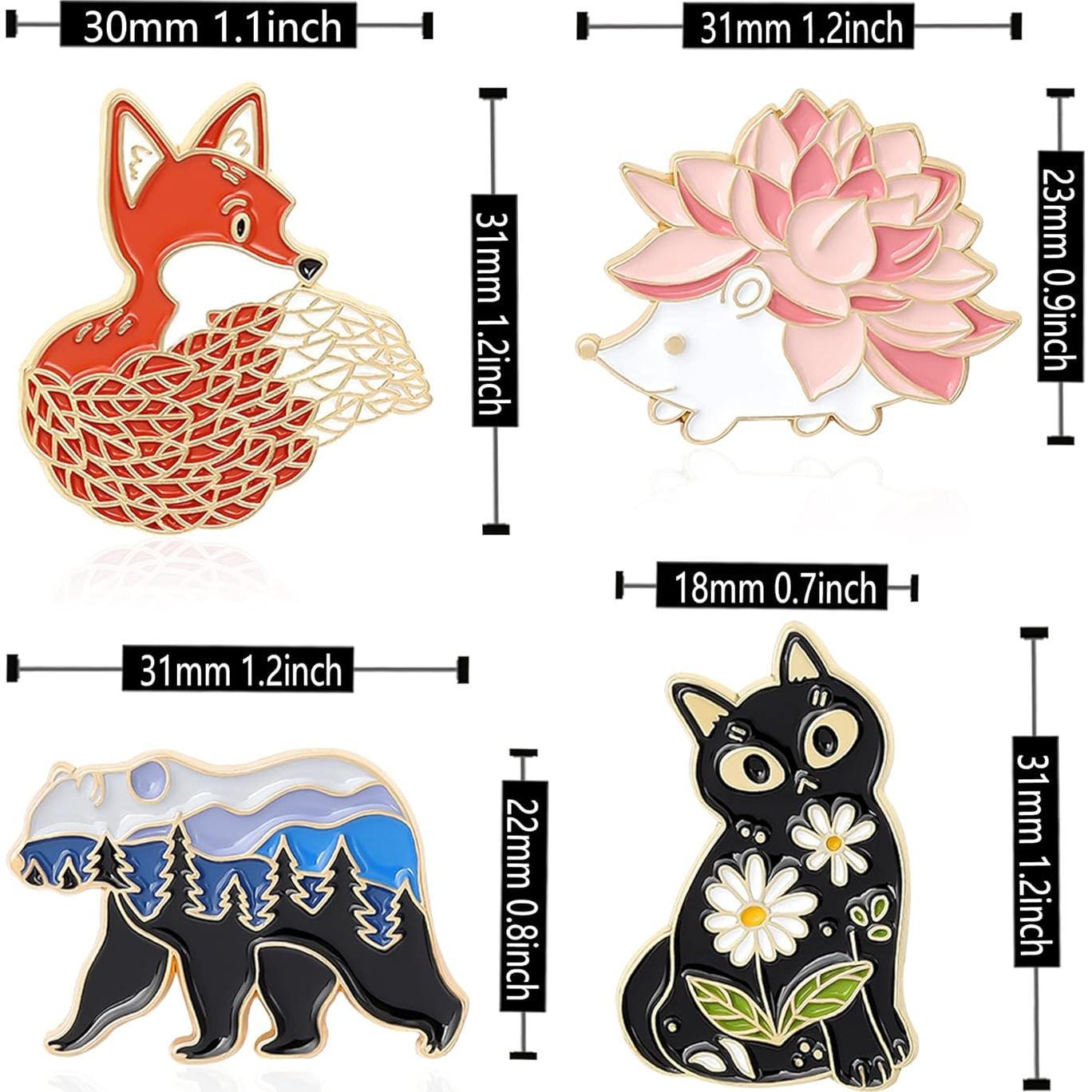 Conjunto de 4 Pines de Esmalte Animales - Zorro, Oso, Gato, Erizo