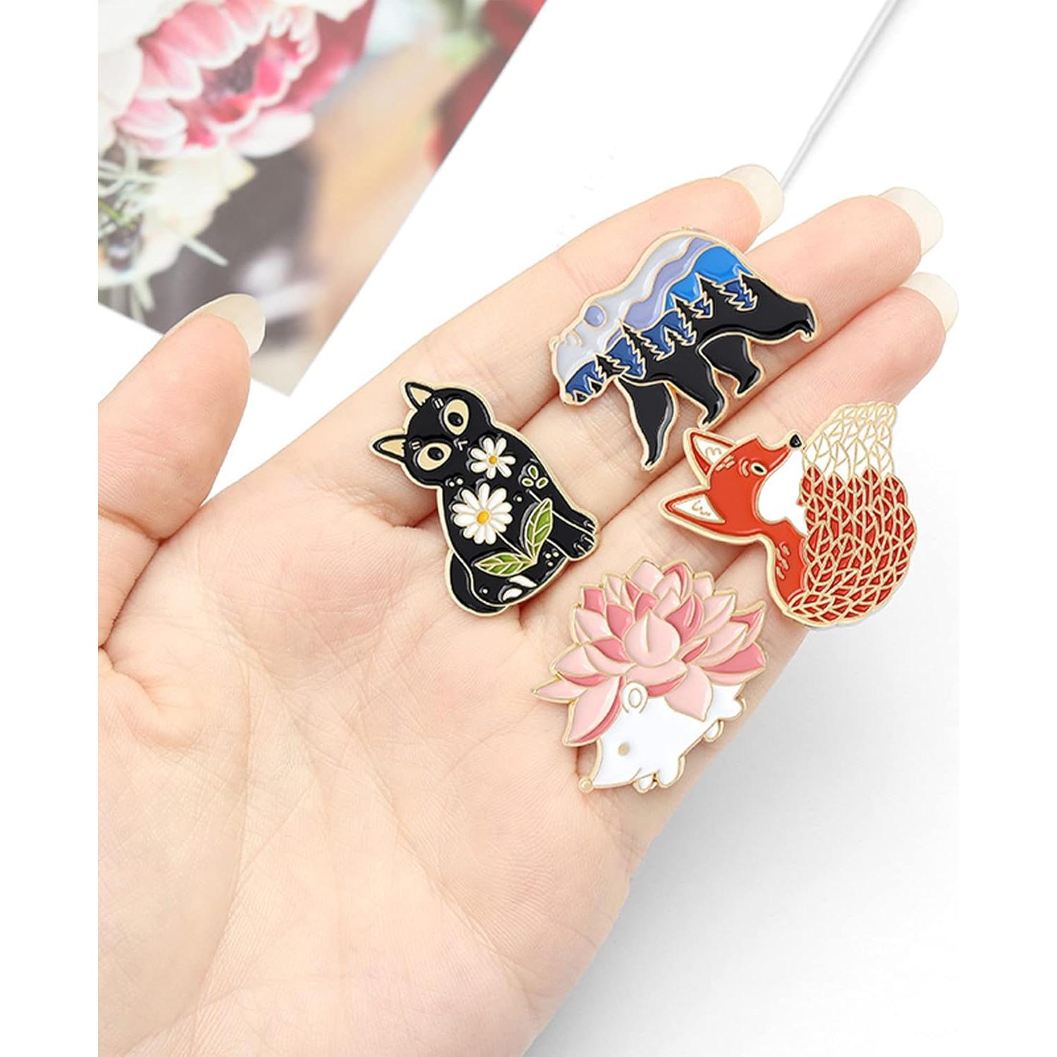 Conjunto de 4 Pines de Esmalte Animales - Zorro, Oso, Gato, Erizo