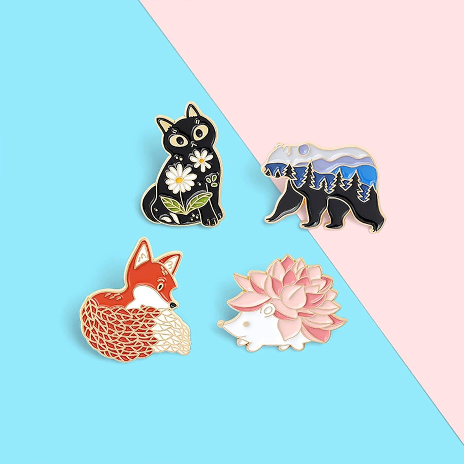 Conjunto de 4 Pines de Esmalte Animales - Zorro, Oso, Gato, Erizo