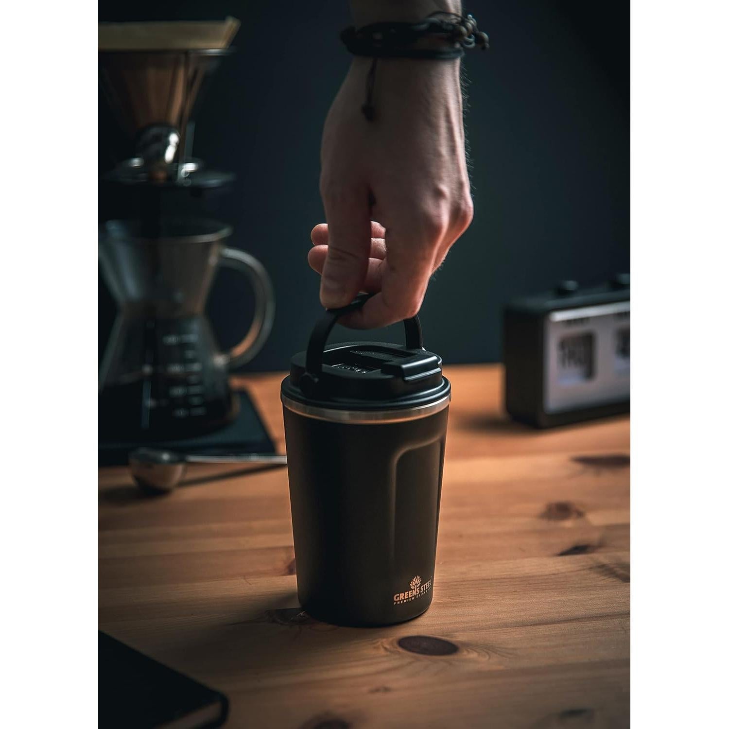 Taza de Café Aislada Greens Steel 350 ml Negra Acero Inoxidable