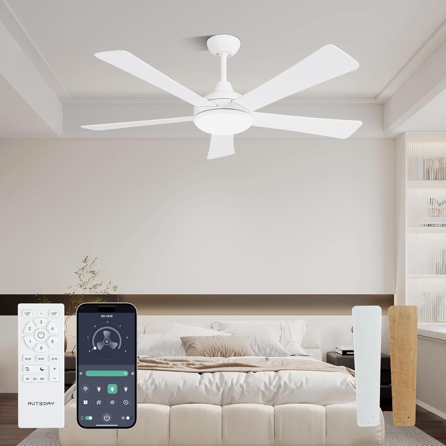Ventilador de Techo Blanco 52" Autoday con Luz LED y Control Remoto