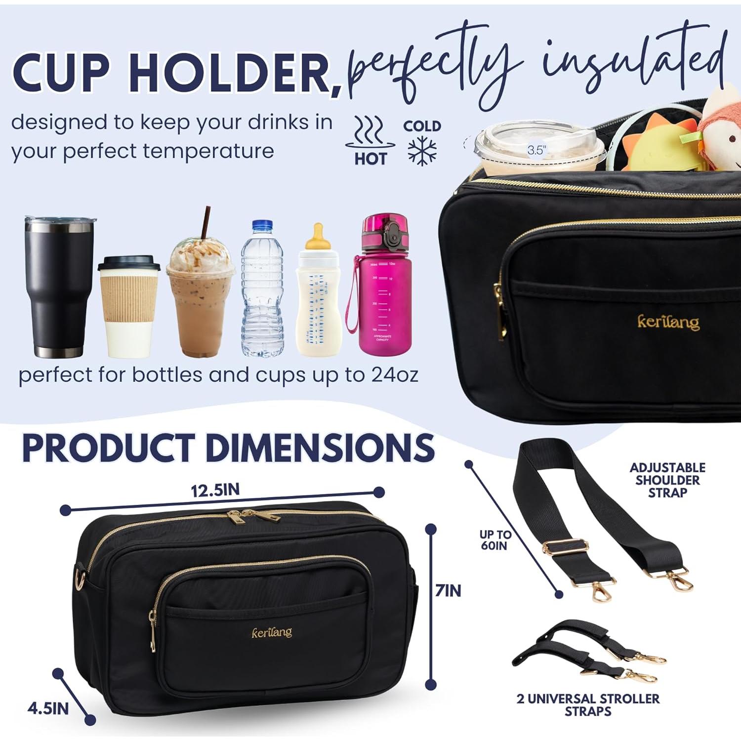 Caddy para Cochecito Kerilang Negro y Dorado con Soporte para Vaso