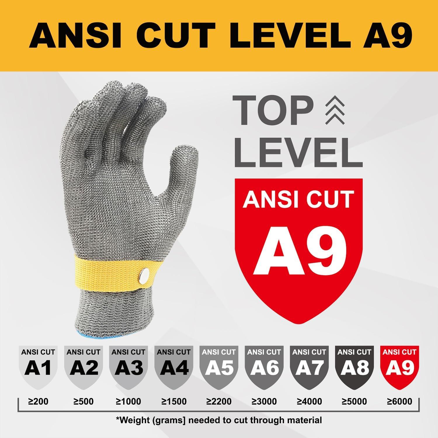 Guante de acero inoxidable DINOPRO 2.0 resistente a cortes ANSI A9