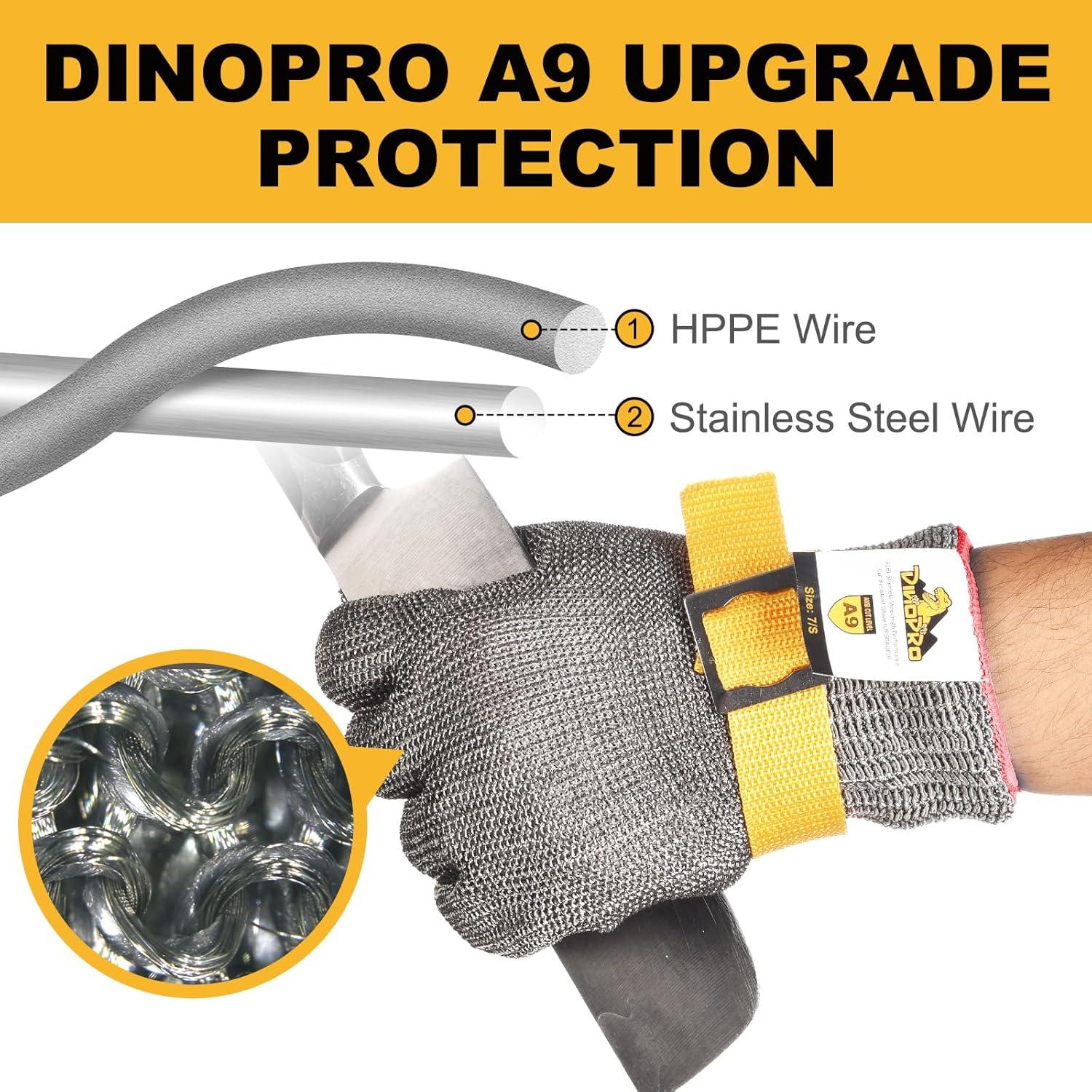 Guante de acero inoxidable DINOPRO 2.0 resistente a cortes ANSI A9