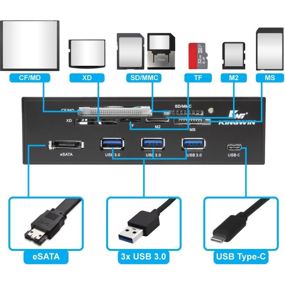 Hub USB 3.0 Kingwin KW525-3U3CR con Lector de Tarjetas SD y USB-C